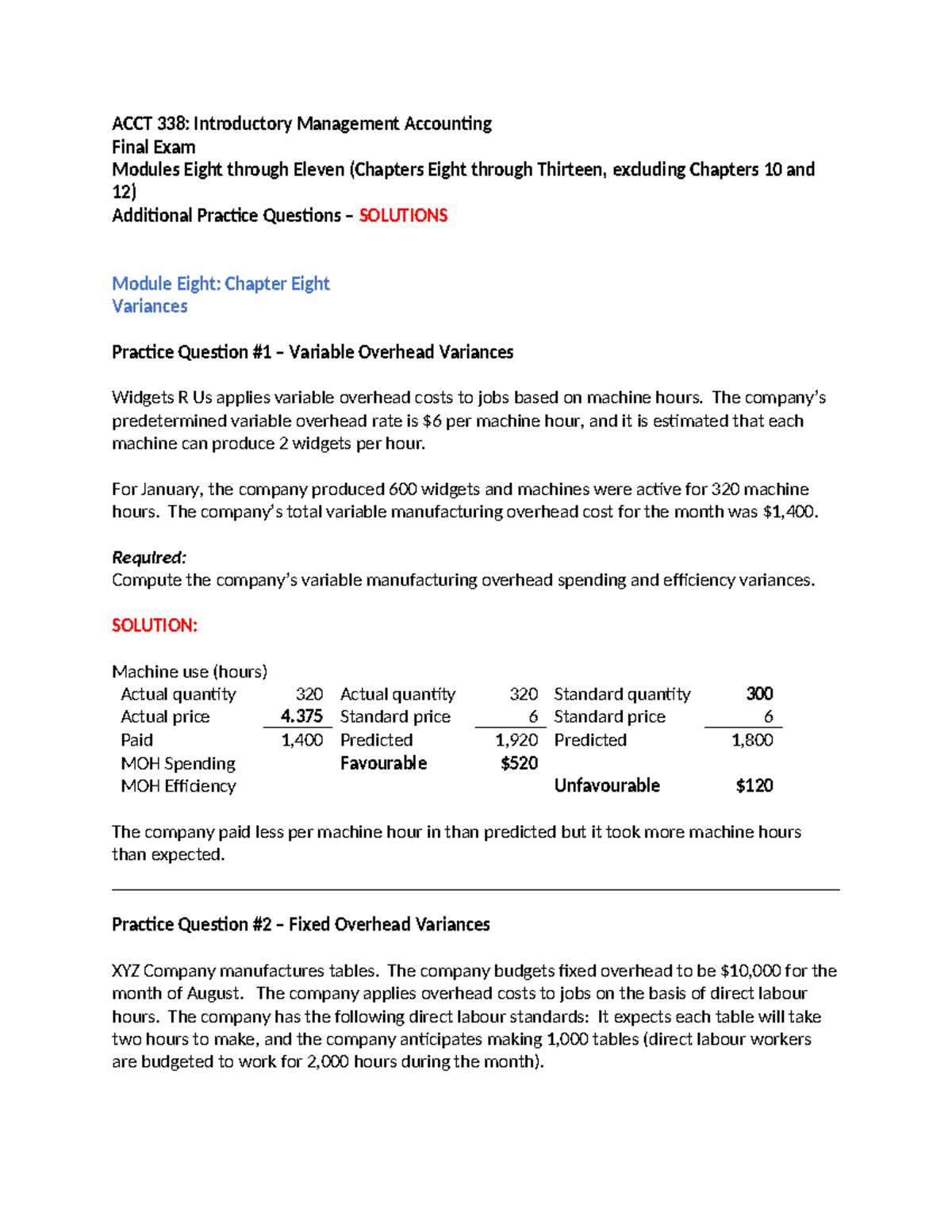 ACCT 338 - Final Exam - Solutions for Additional Practice Questions ...