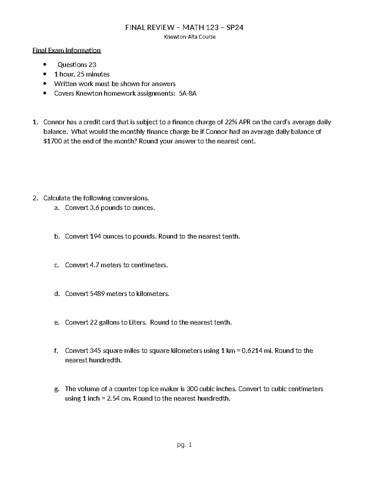 FINAL REVIEW MATH 123 SP24 Course Exam Questions and Solutions - Studocu