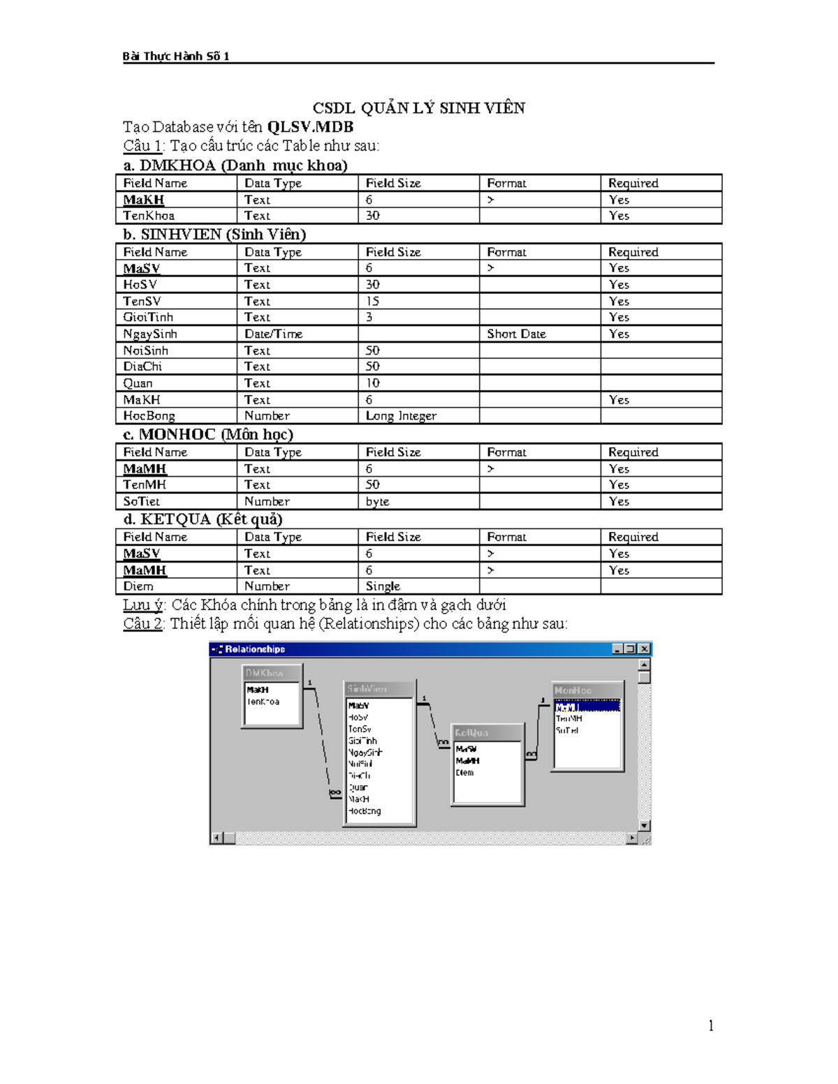 Quản lý Sinh Viên QLSV: Tạo Database và Cấu Trúc Table - Studocu