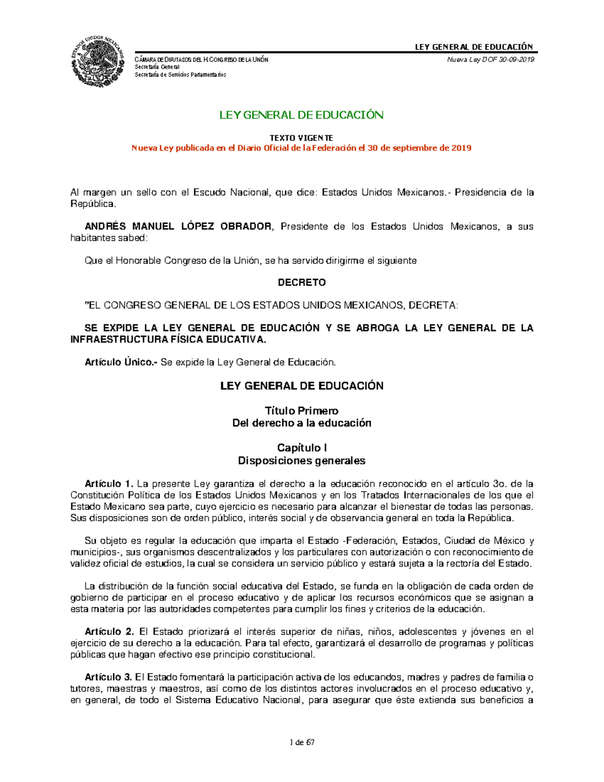 Ley General de Educación: Texto Vigente y Disposiciones Clave - Studocu