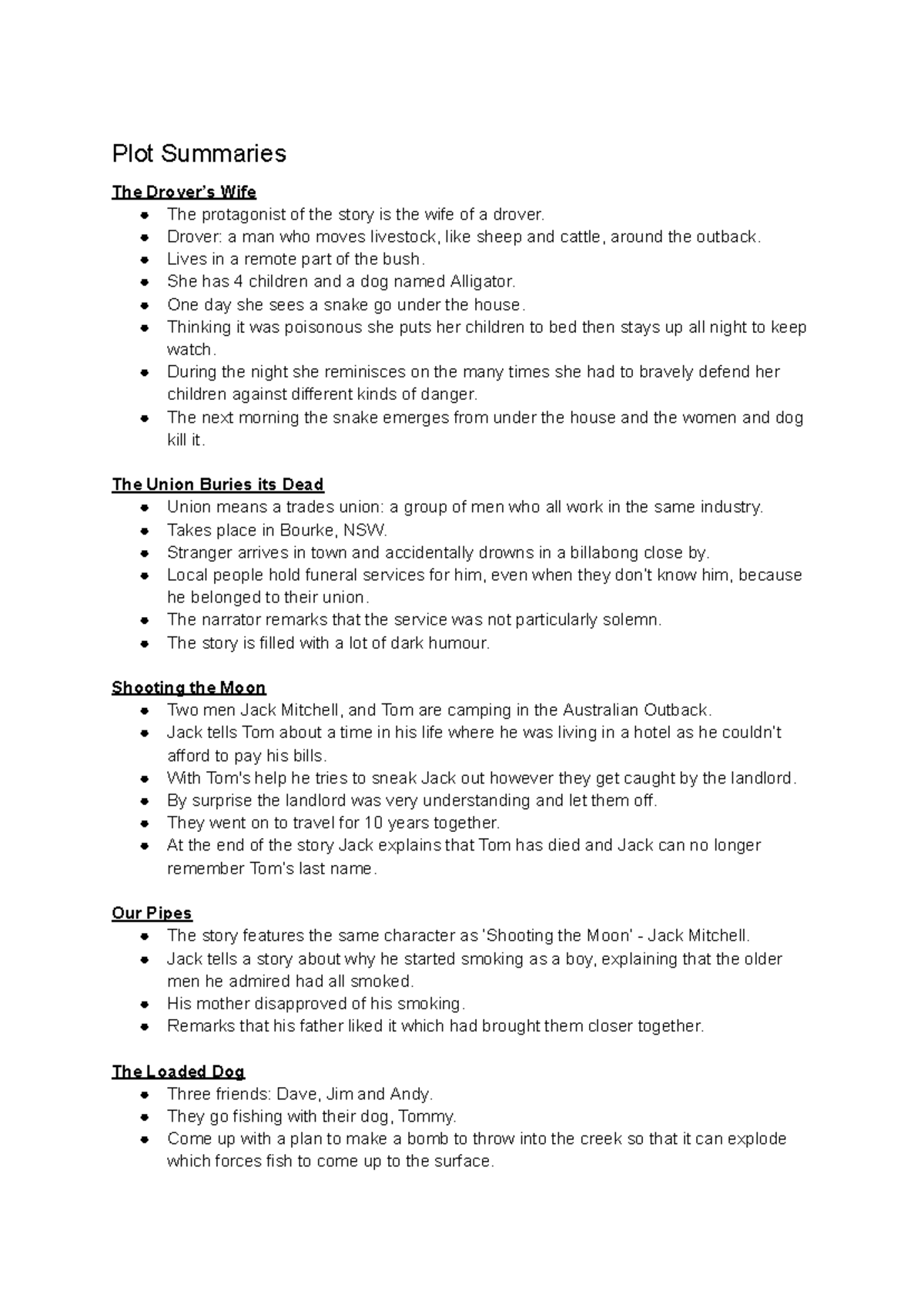 Revision Notes for Henry Lawson's Short Stories - Studocu