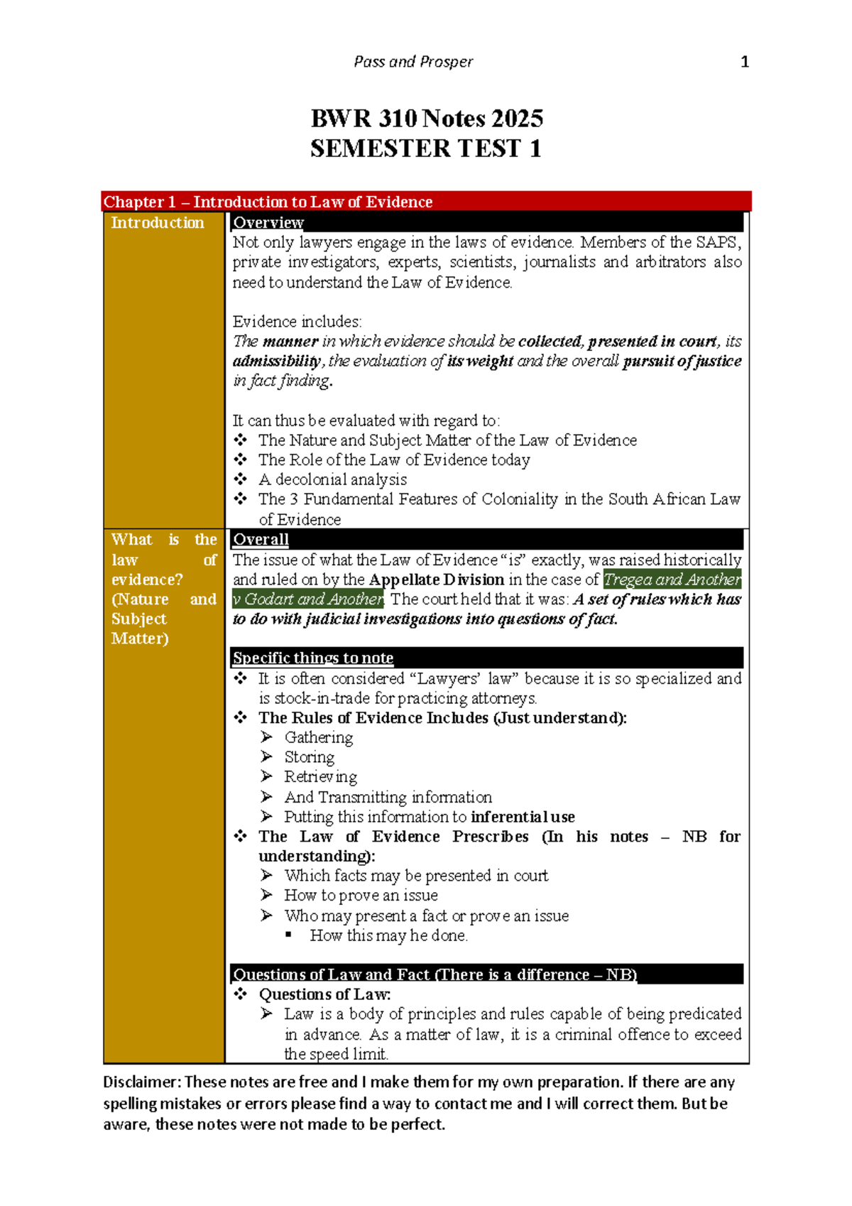 BWR 310 - Law of Evidence Study Notes for Semester Test 1 - Studocu