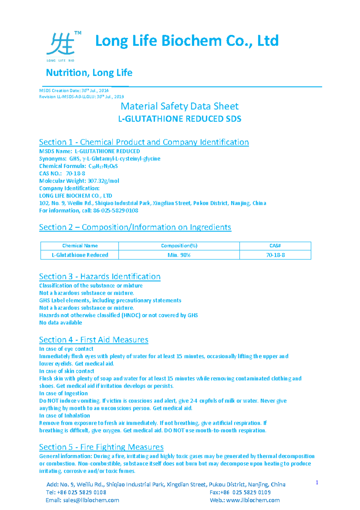 MSDS for L-Glutathione Reduced (003) - Long Life Biochem