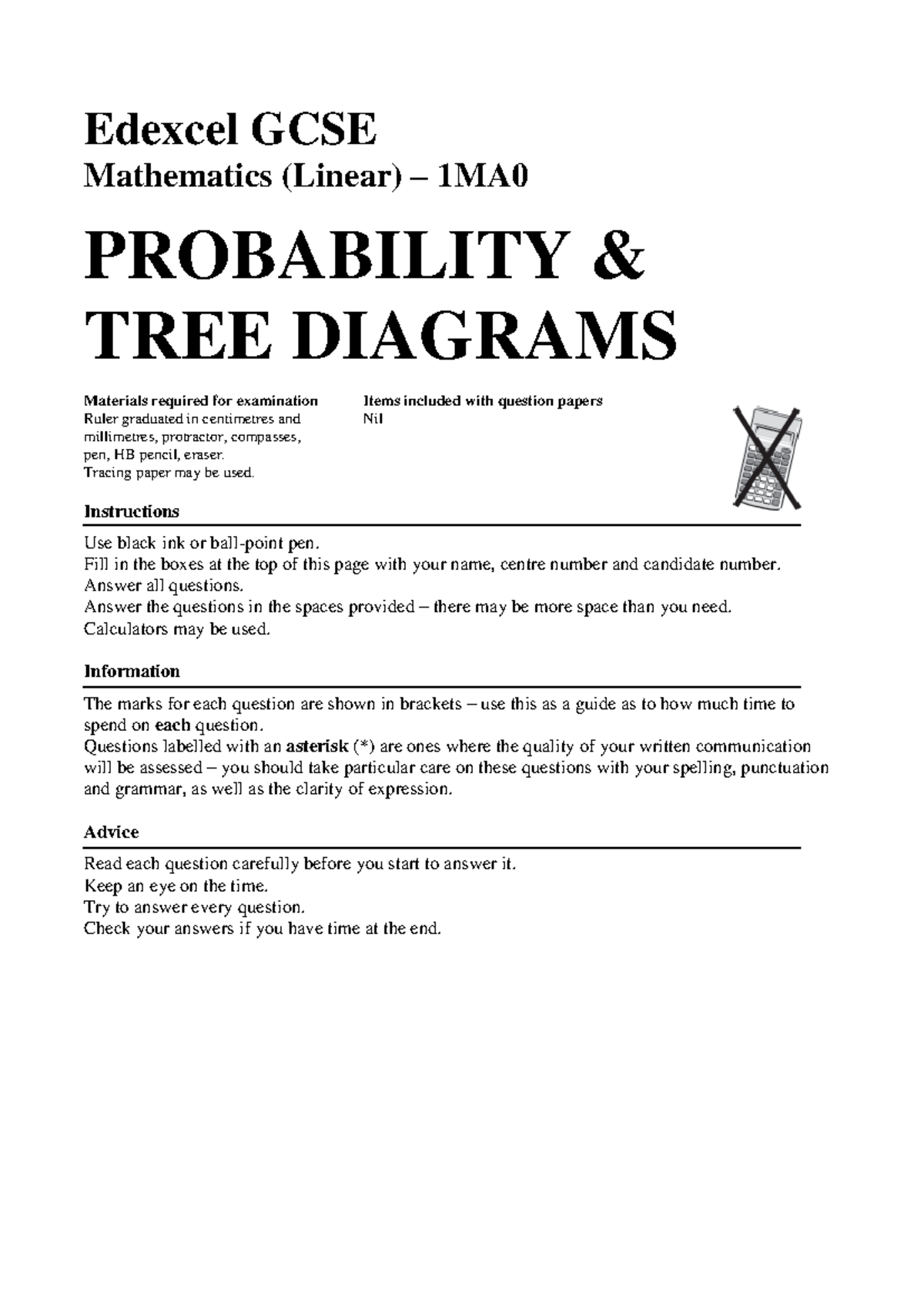 Edexcel GCSE Math 1MA - Probability & Tree Diagrams Practice WS - Studocu
