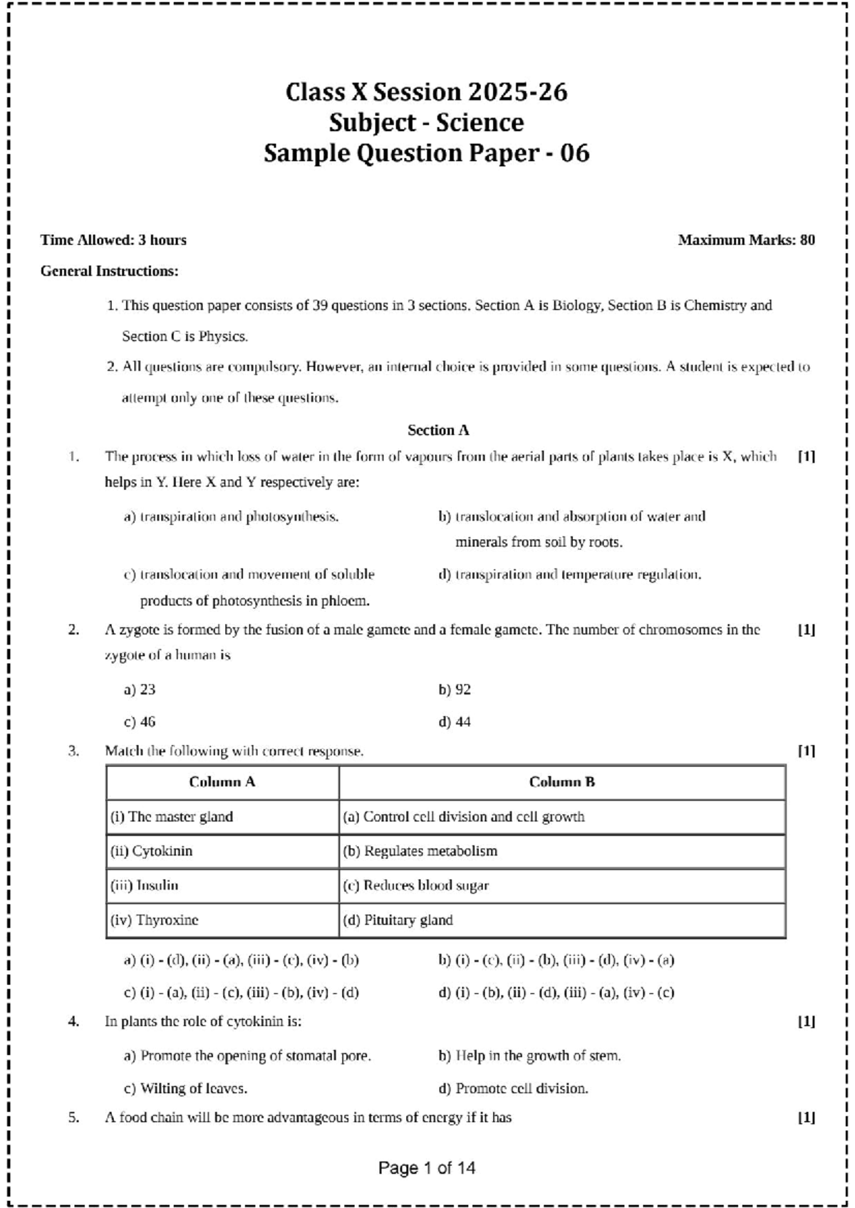 Class X Science Sample Question Paper 06 - Time: 3 Hours - Studocu