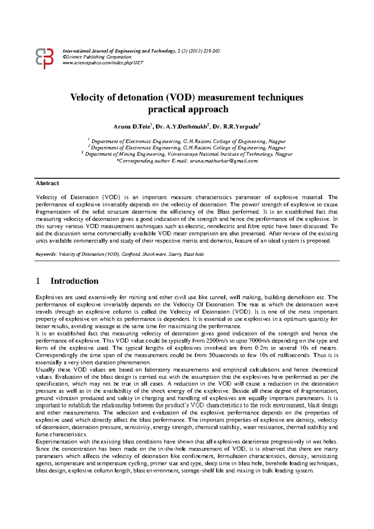 Practical Techniques for Measuring Velocity of Detonation (VOD) in ...