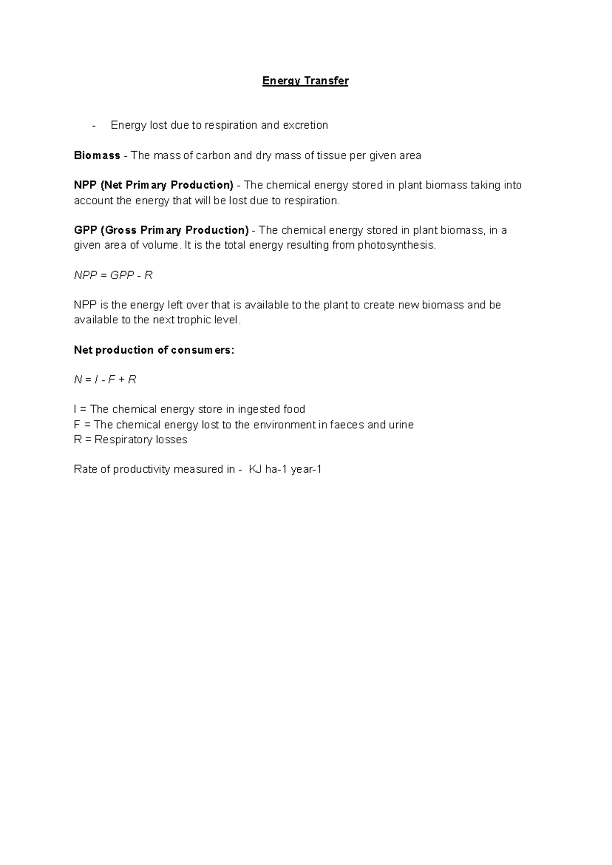 Energy transfer - Summary notes - Energy Transfer Energy lost due to ...