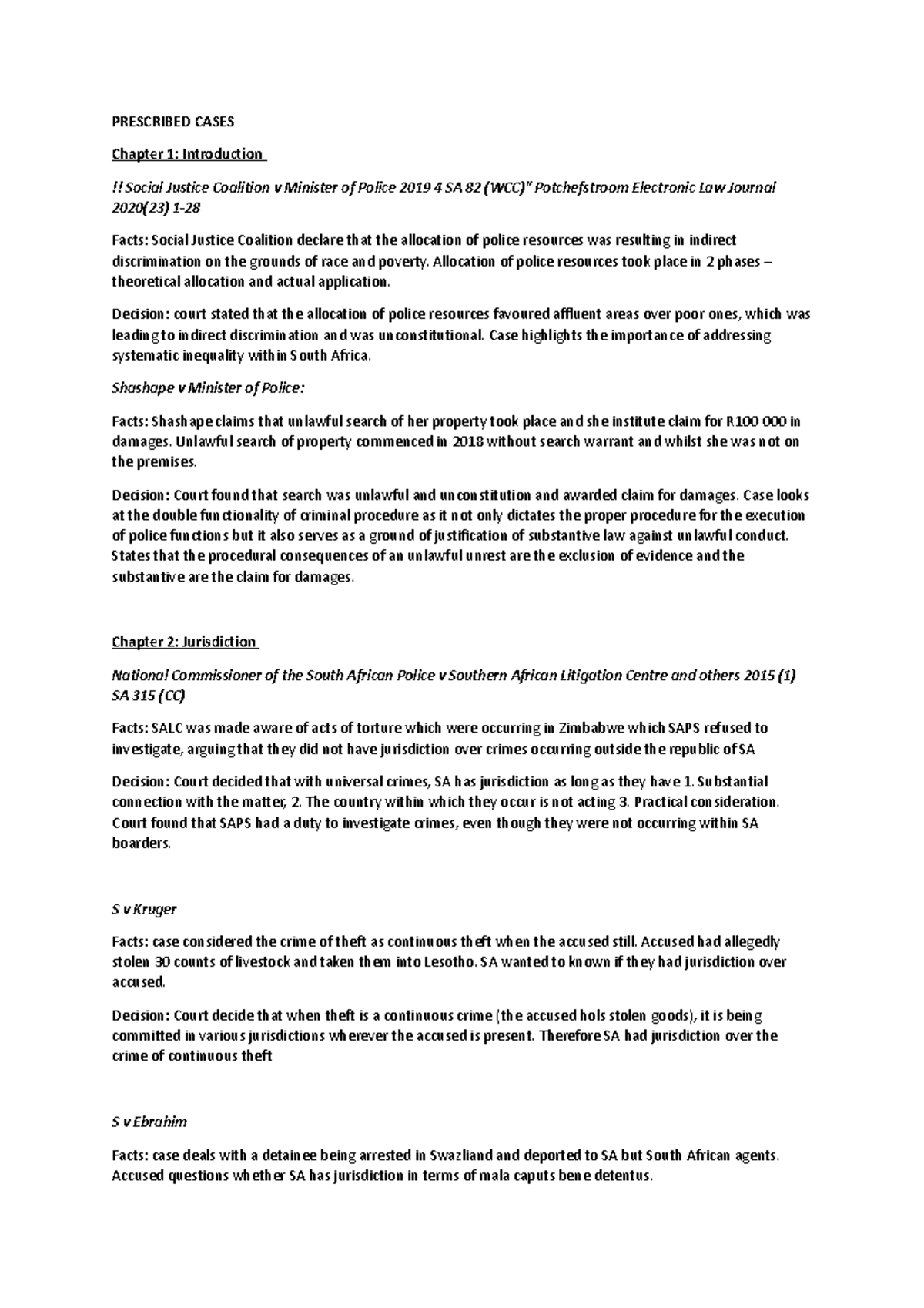 Prescribed Cases Overview: Chapters 1-4 Analysis and Discussion - Studocu
