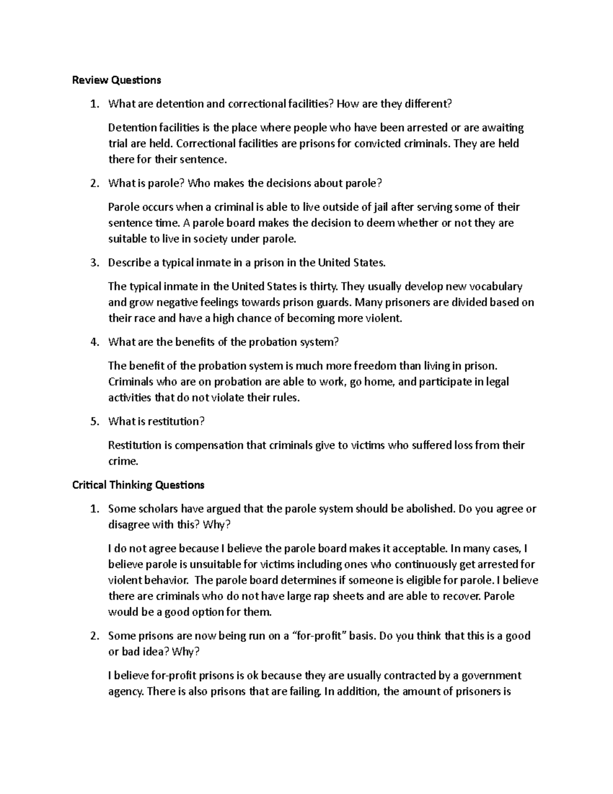Unit 8: Questions on Corrections and Criminal Justice Concepts - Studocu