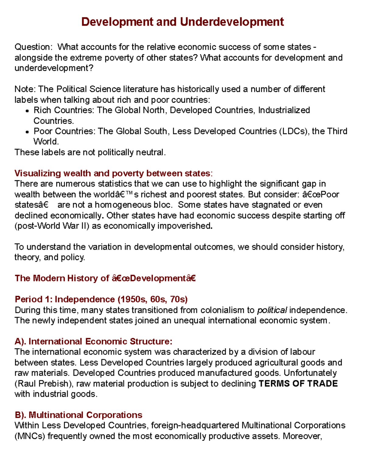 PS 101: Lecture Summary on Development and Underdevelopment - Studocu