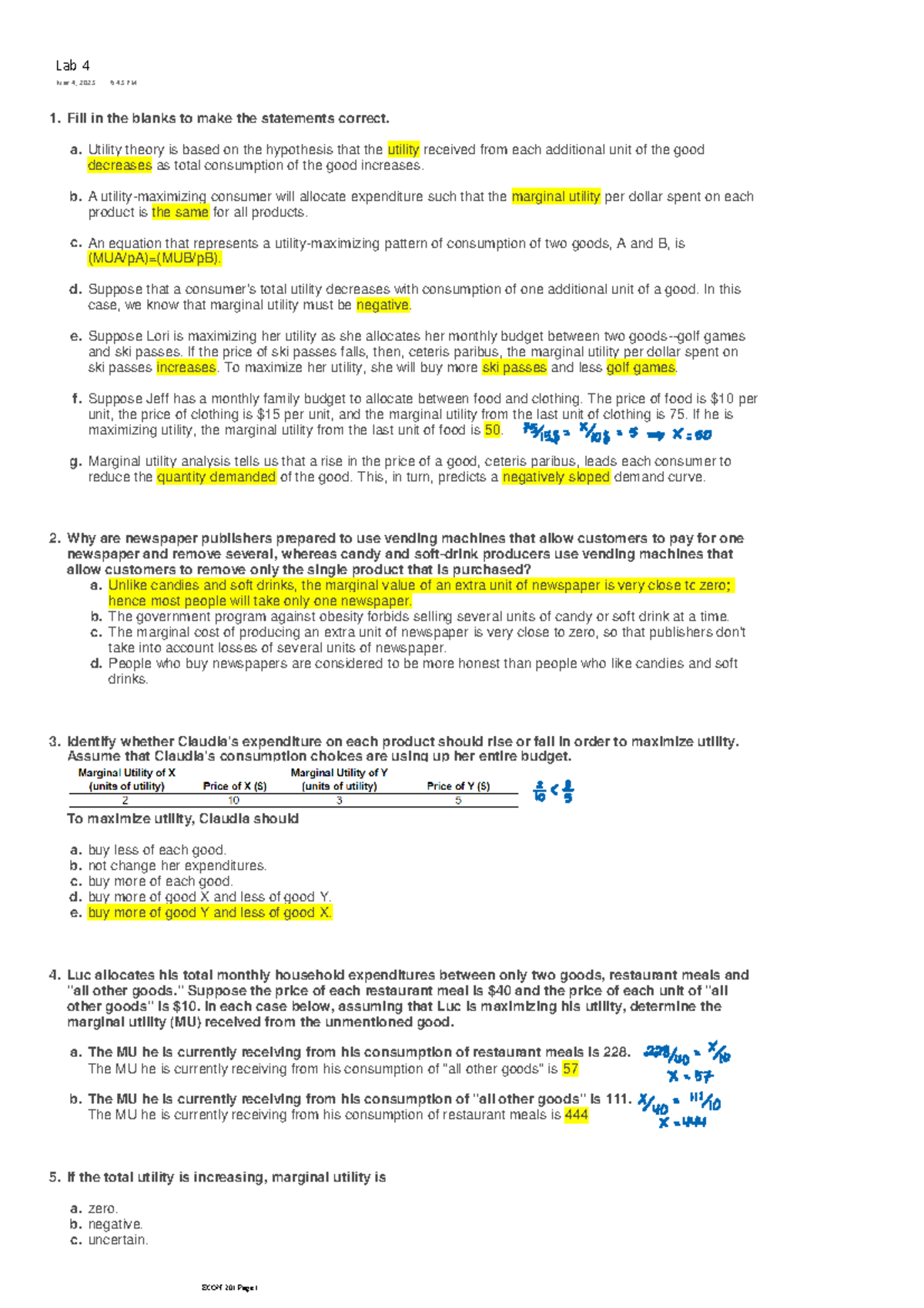 Utility Maximization in Economic Theory - Lab 4 Exercises - Studocu