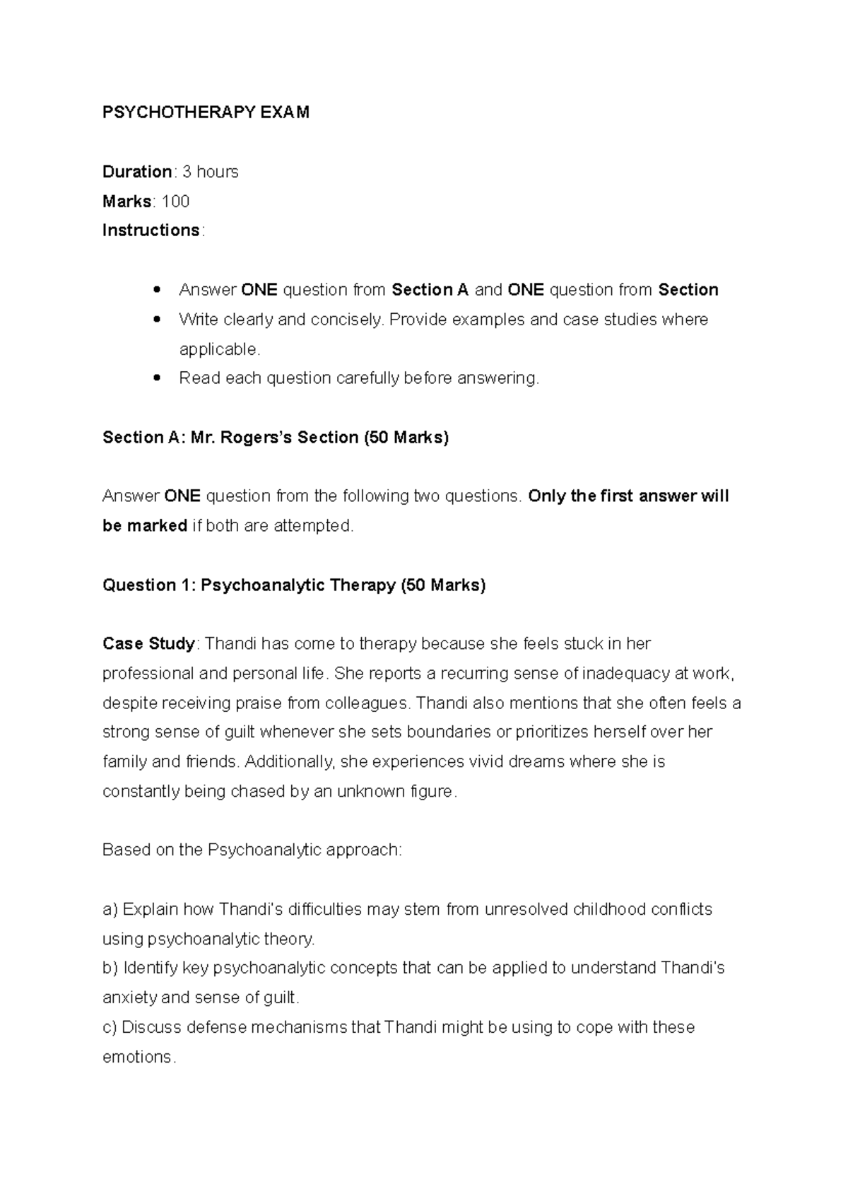 Psychotherapy EXAM - Practice Questions & Guidelines - Studocu