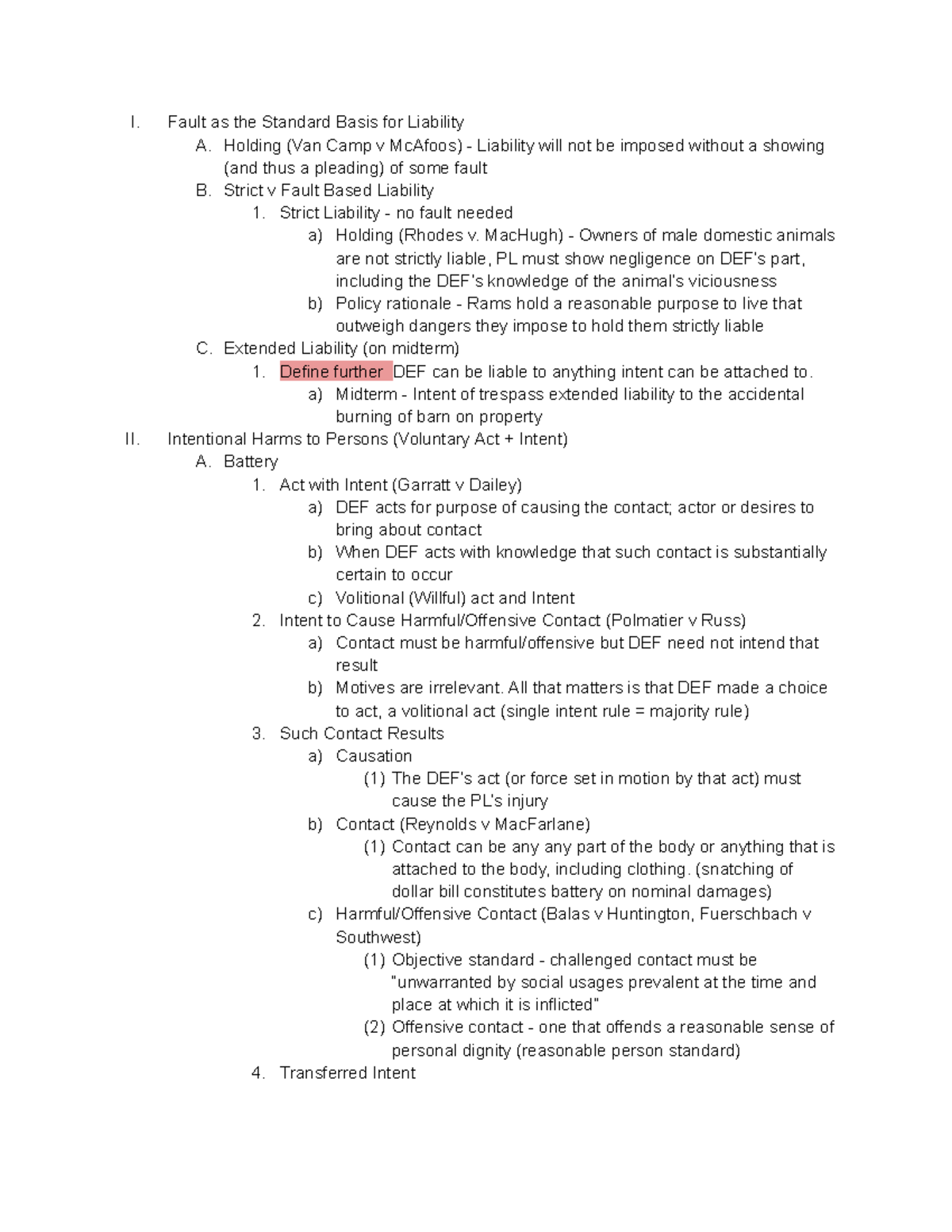 Torts Outline: Key Concepts and Important Cases for Exam Prep - Studocu