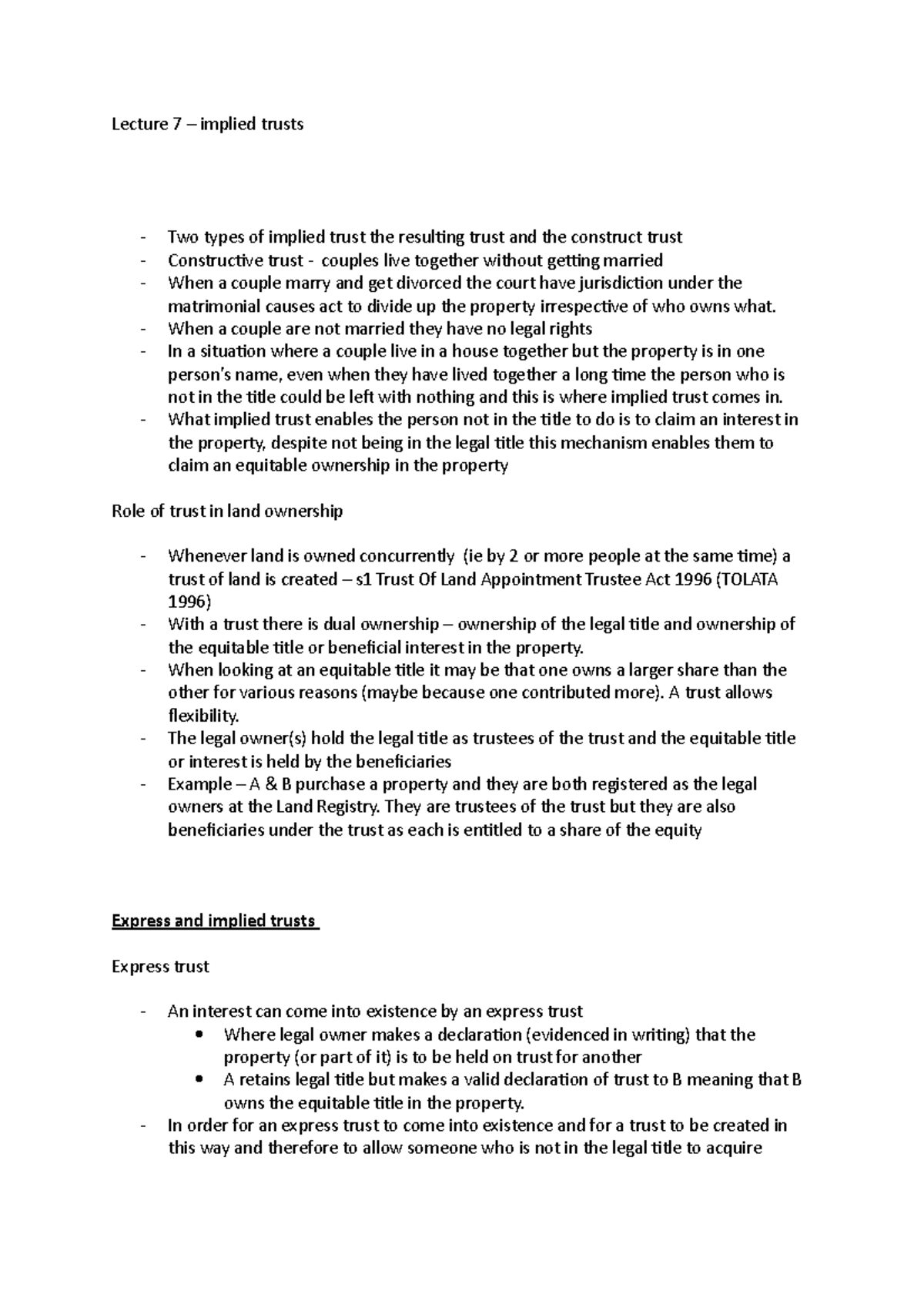 Lecture 7 - C - implied trusts - Lecture 7 – implied trusts Two types ...