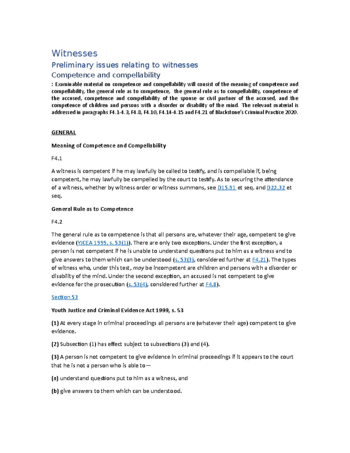 Civ Lit 9 - Witnesses: Competence, Compellability, and Summons Notes ...