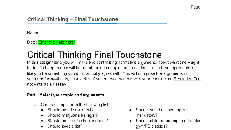 Critical Thinking CT101 Final Touchstone: Contrasting Arguments on Zoos ...