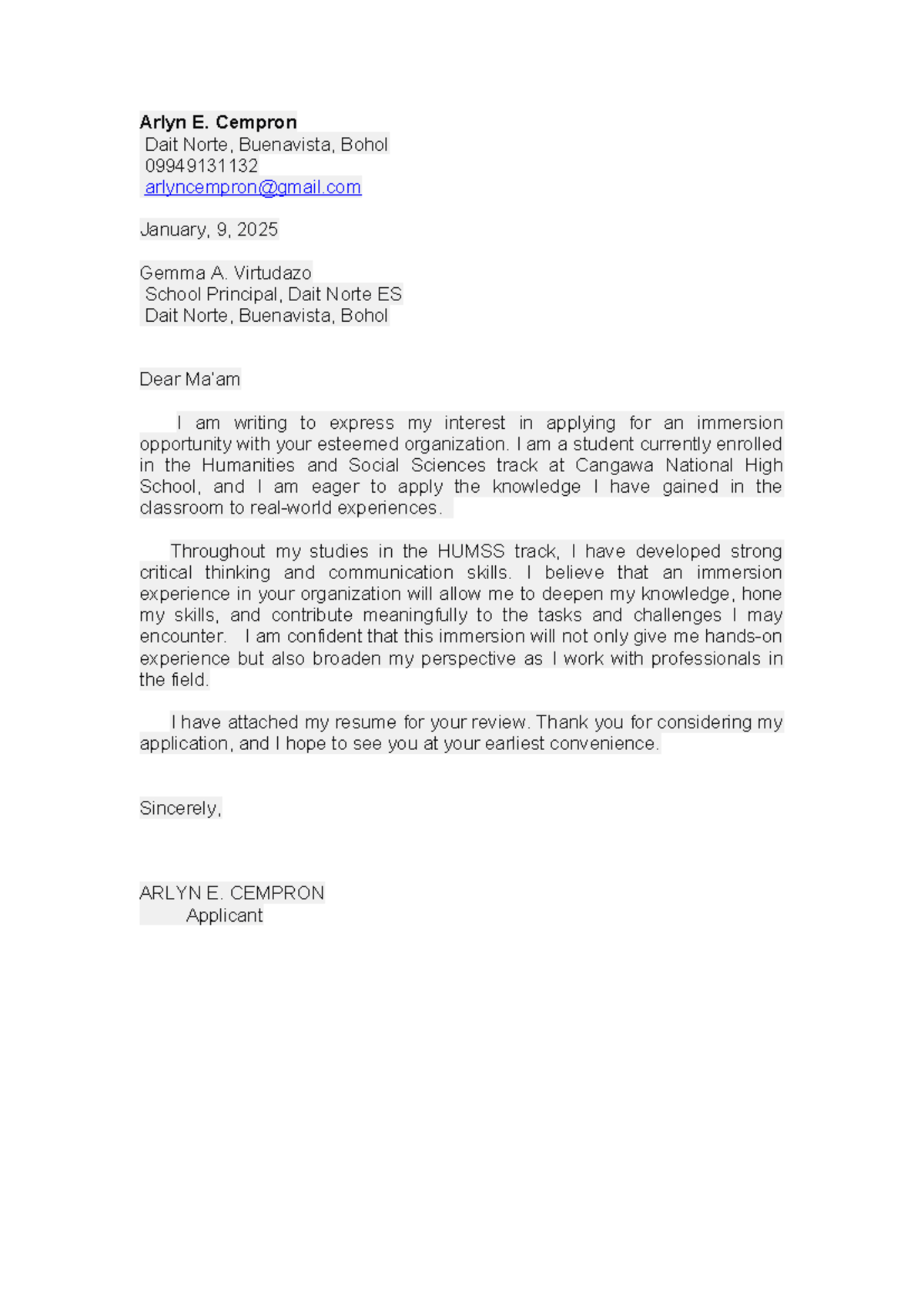 HUMSS Immersion Application Letter - Arlyn E. Cempron - Studocu