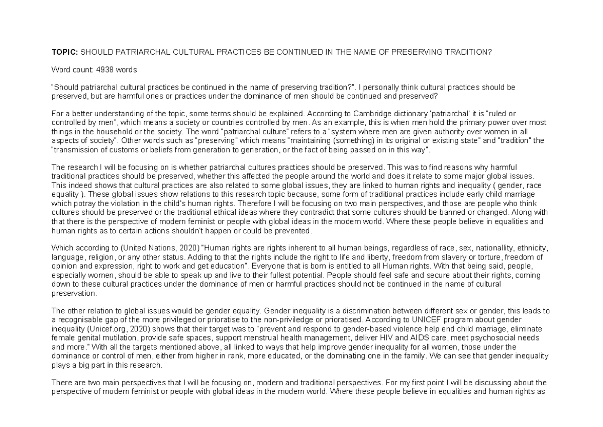 Gp Essay: The Debate on Patriarchal Practices in Cultural Preservation ...
