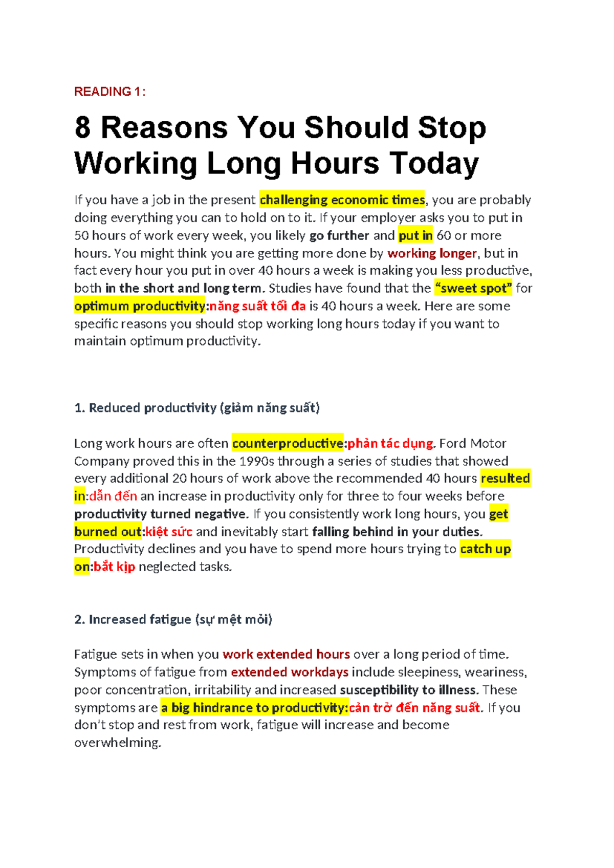 Reading 1: 8 Reasons to Stop Long Work Hours - D24 - Studocu