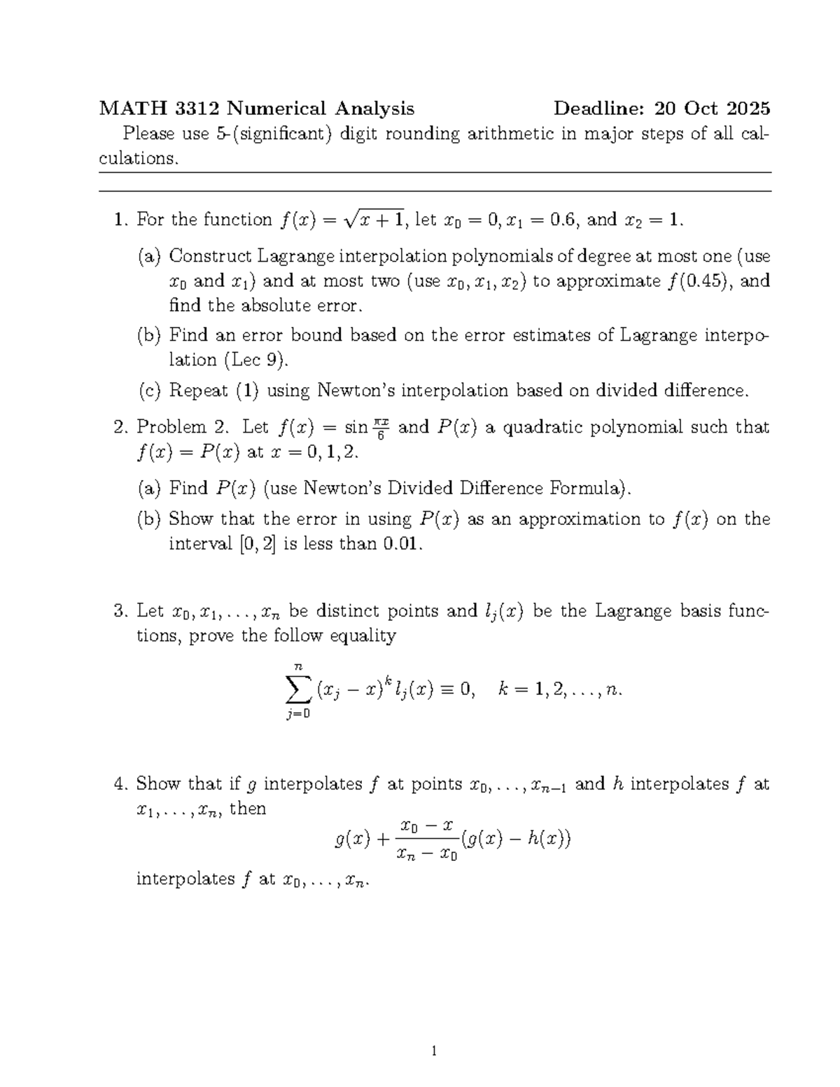 MATH 3312 Numerical Analysis Homework 2 - Fall Sem 2025 - Studocu