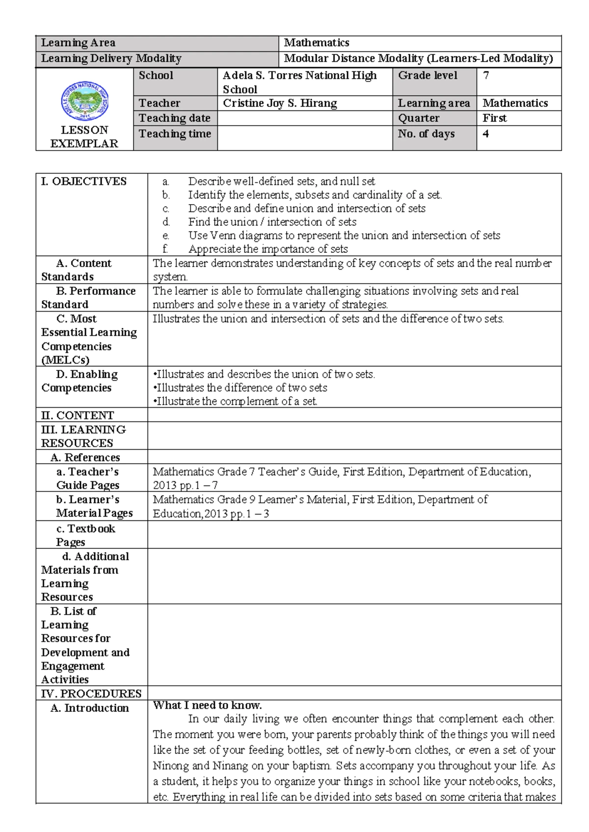 IDEA-Exemplar Math7 Lesson Plan: Linear Equations & Inequalities - Studocu