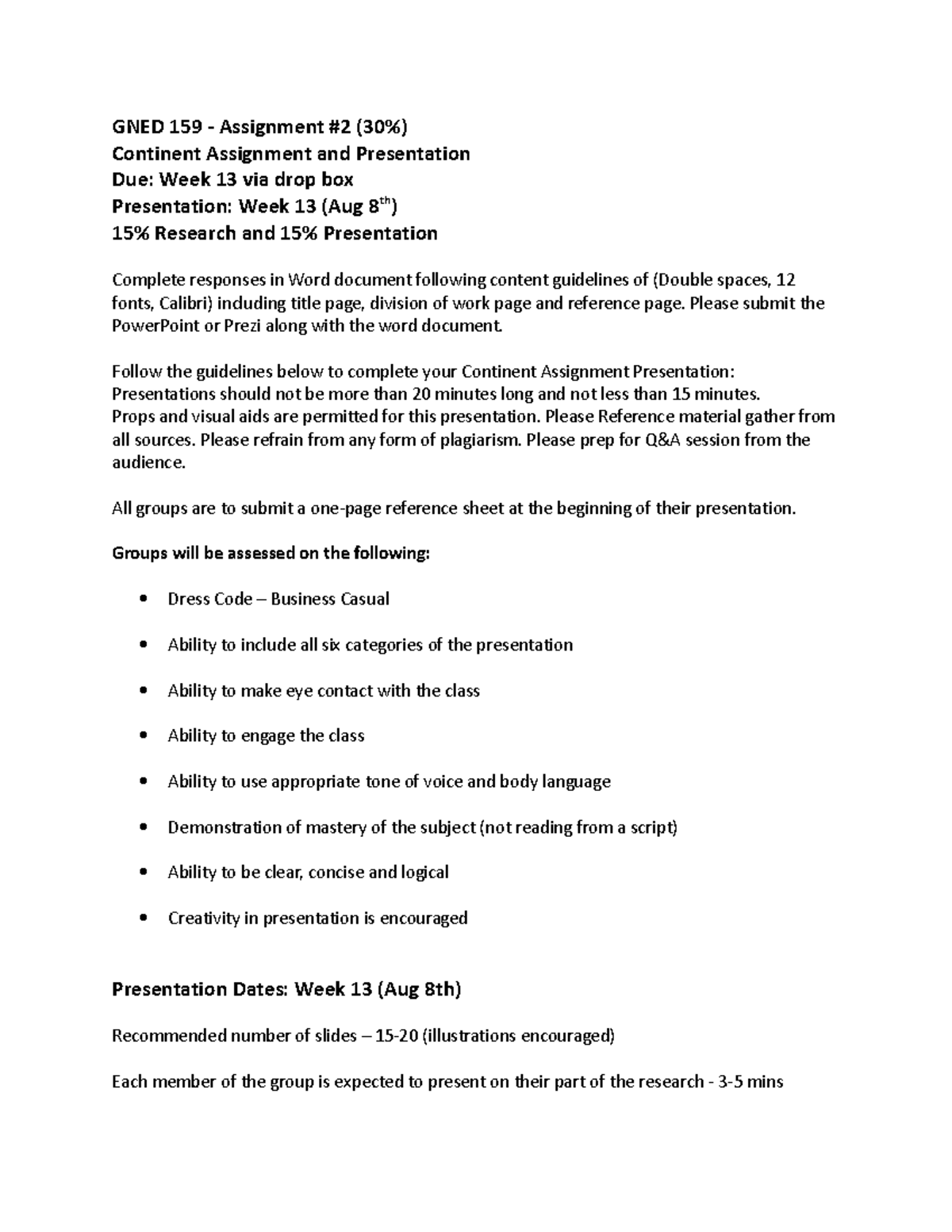 GNED 159 - Continent Assignment & Presentation Guidelines - Studocu