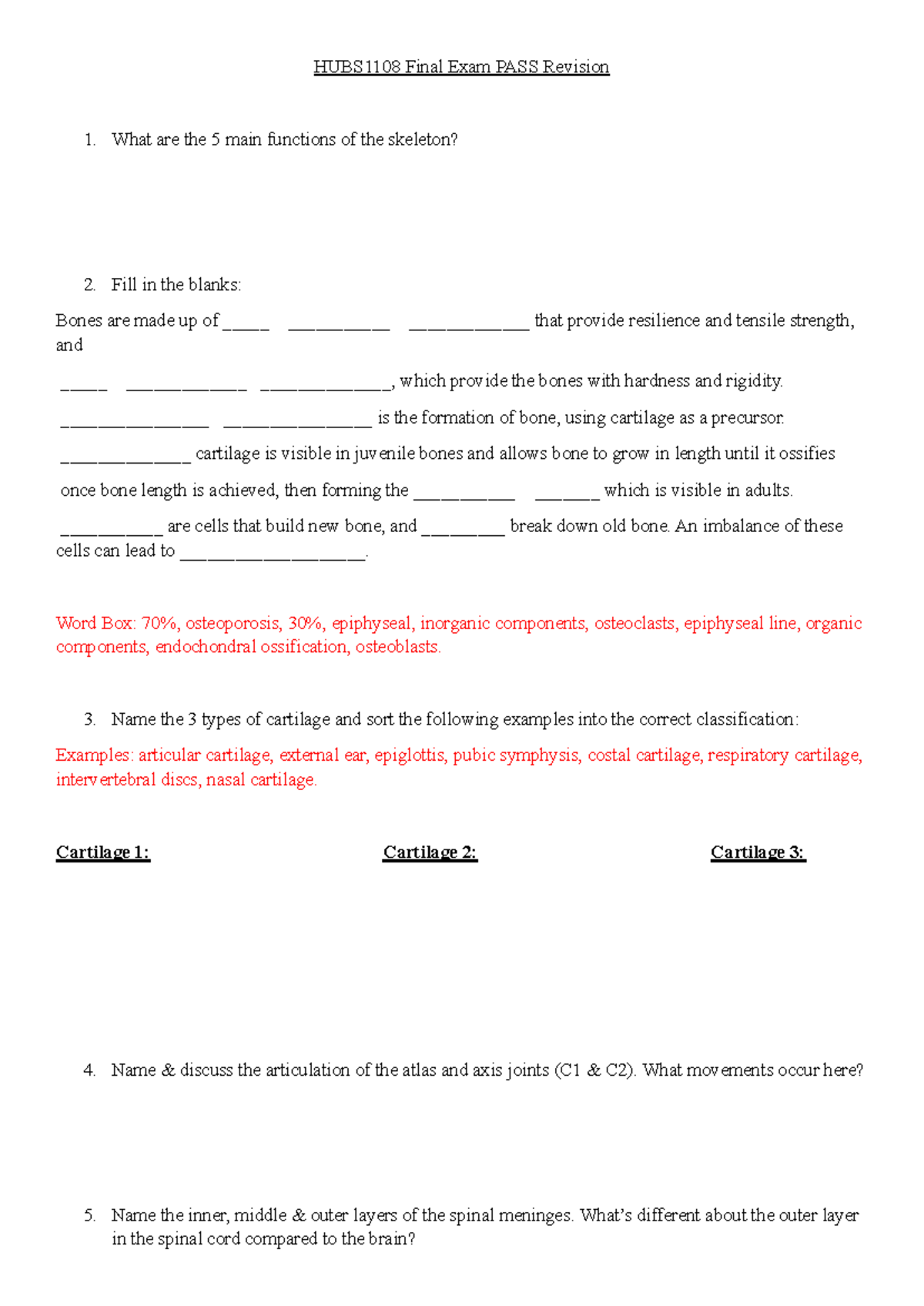 HUBS1108 Final Exam Revision Notes: Key Concepts in Anatomy ...