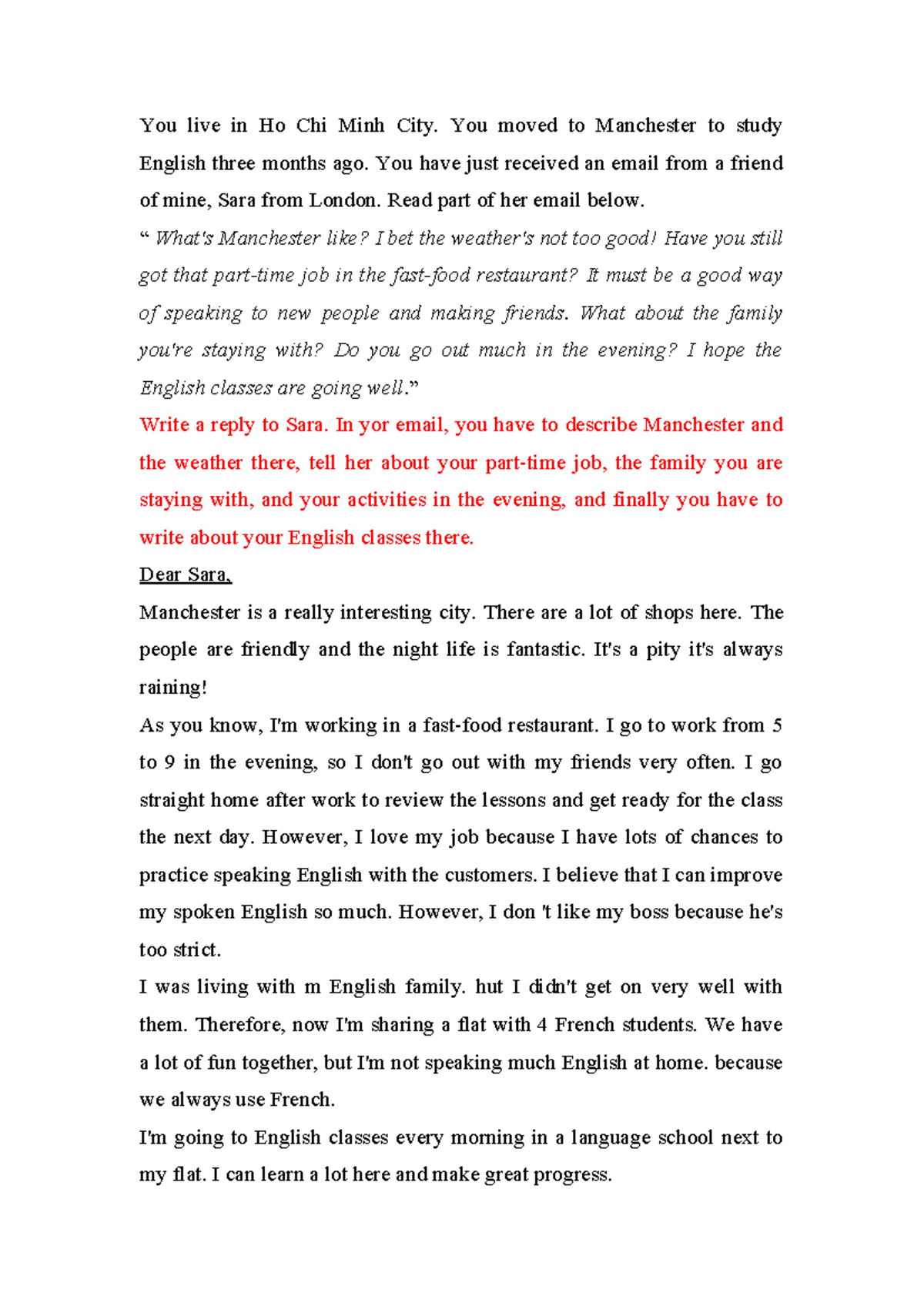 Reply to Sara - Describing Manchester and English Classes - Studocu
