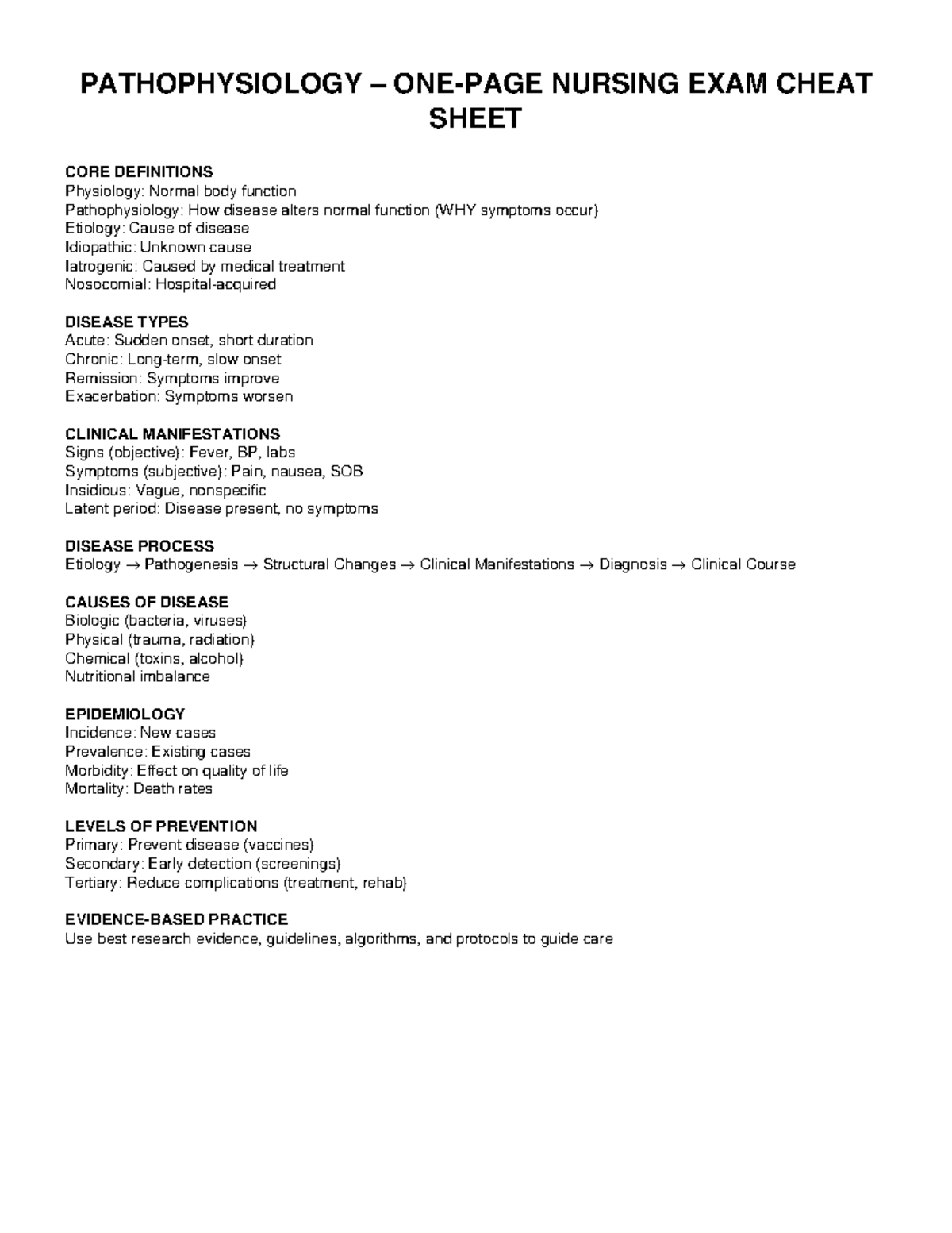 PATHOPHYSIOLOGY NURSING EXAM CHEAT SHEET: CORE DEFINITIONS - Studocu