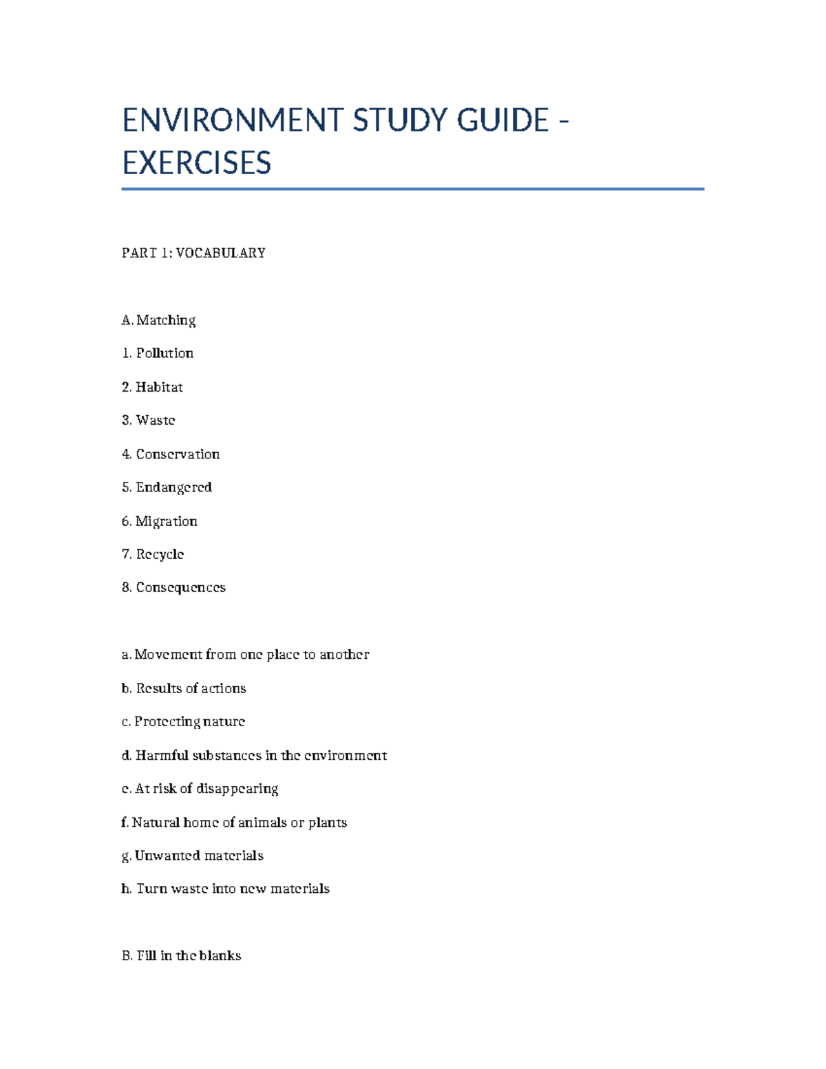ENVIRONMENT 101: STUDY GUIDE EXERCISES & VOCABULARY REVIEW - Studocu