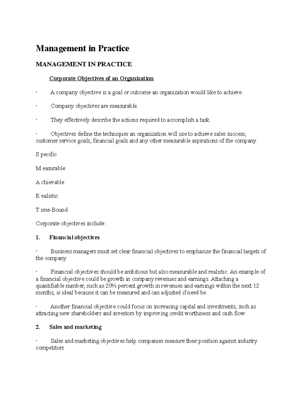 Management in Practice: Key Concepts and Corporate Objectives - Studocu