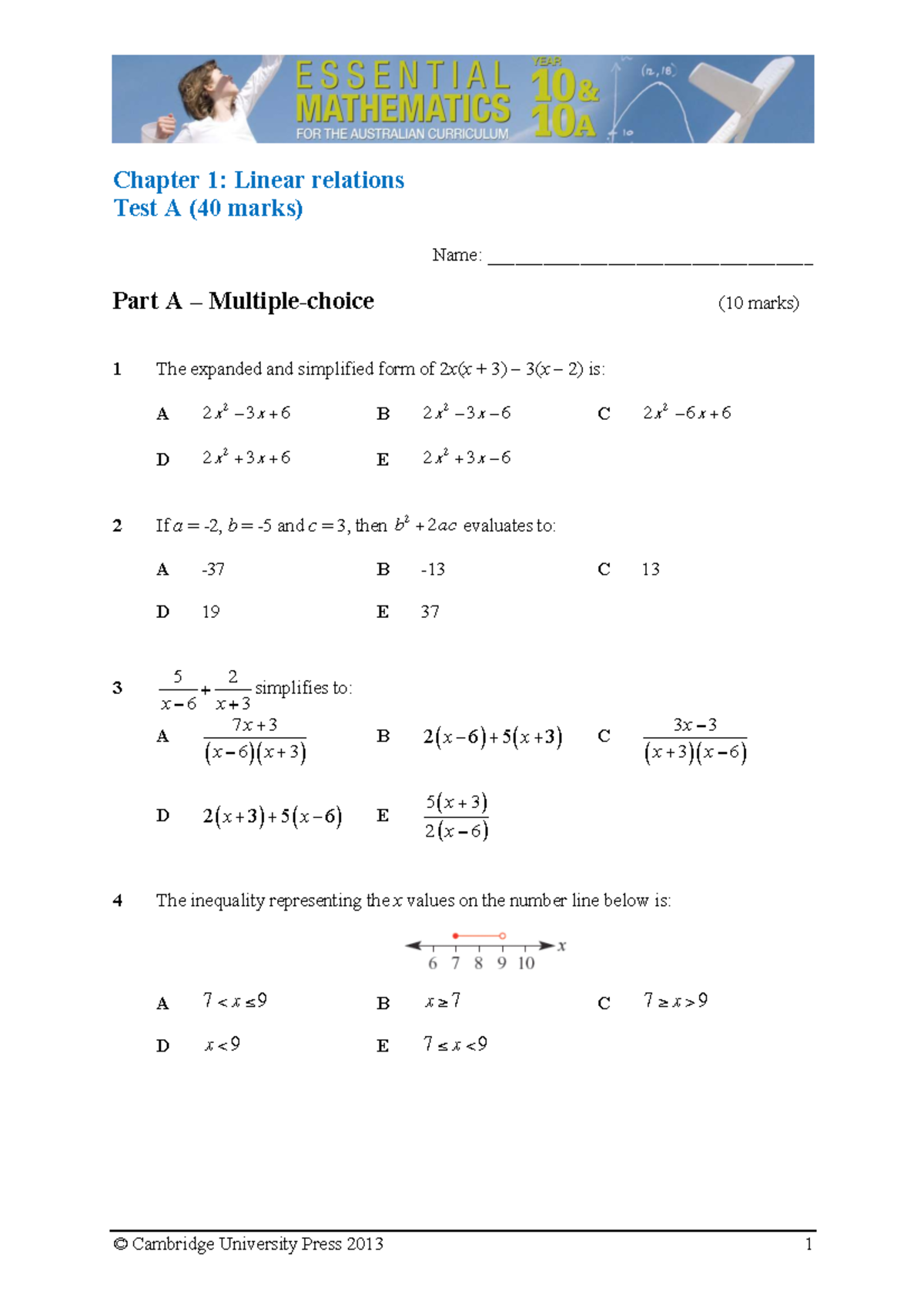 EMAC10TRP Chapter 1: Linear Relations Test A (40 Marks) - Studocu