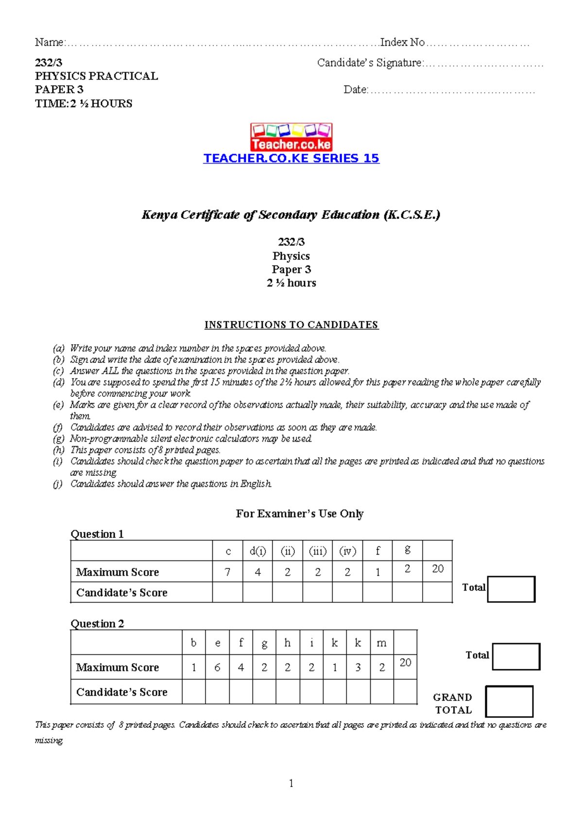 Physics Practical Exam 232/3: 15 Questions and Instructions - Studocu