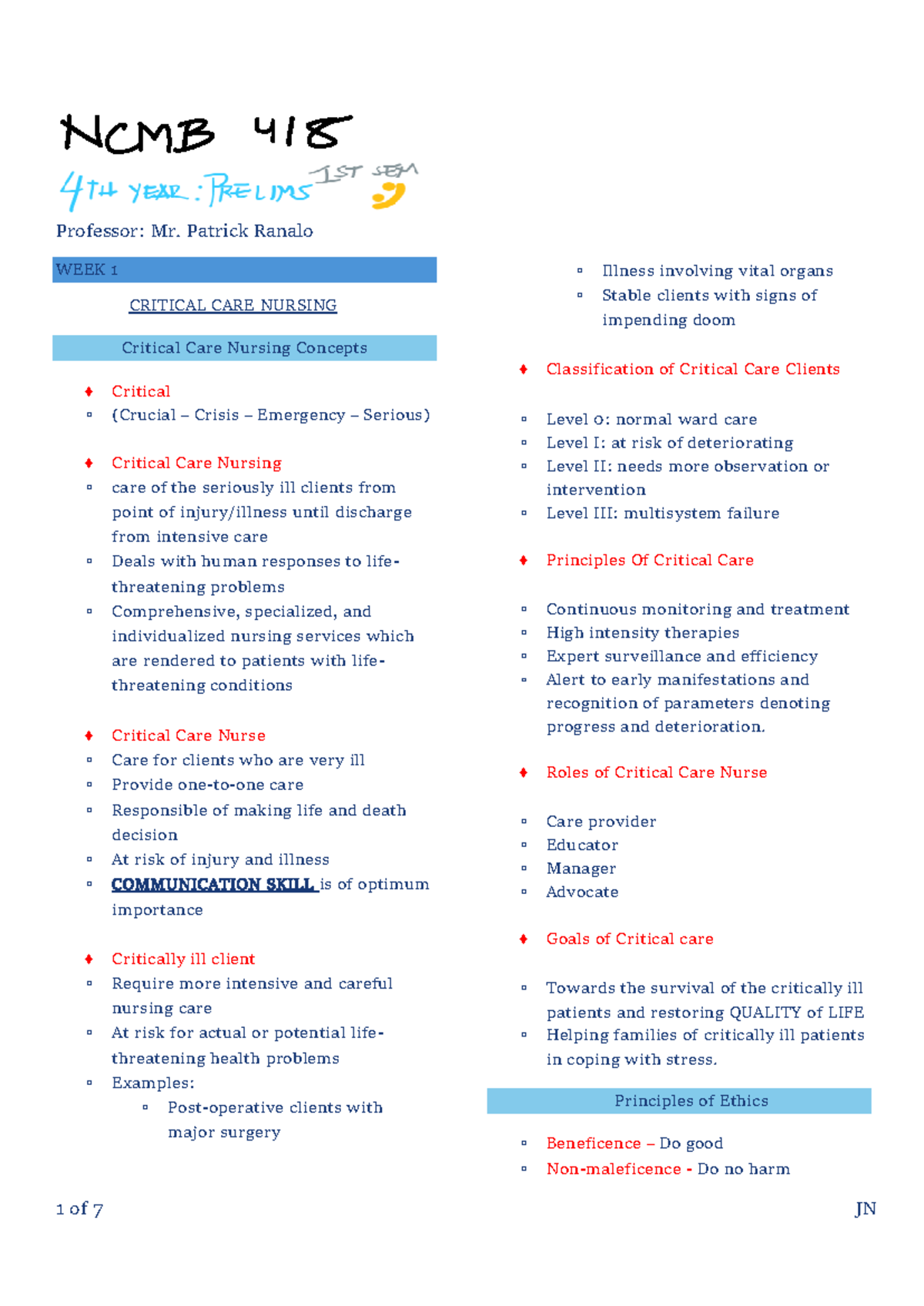 NCMB 418 First SEM - Summary medical surgical nursing - 1 of 7 JN ...