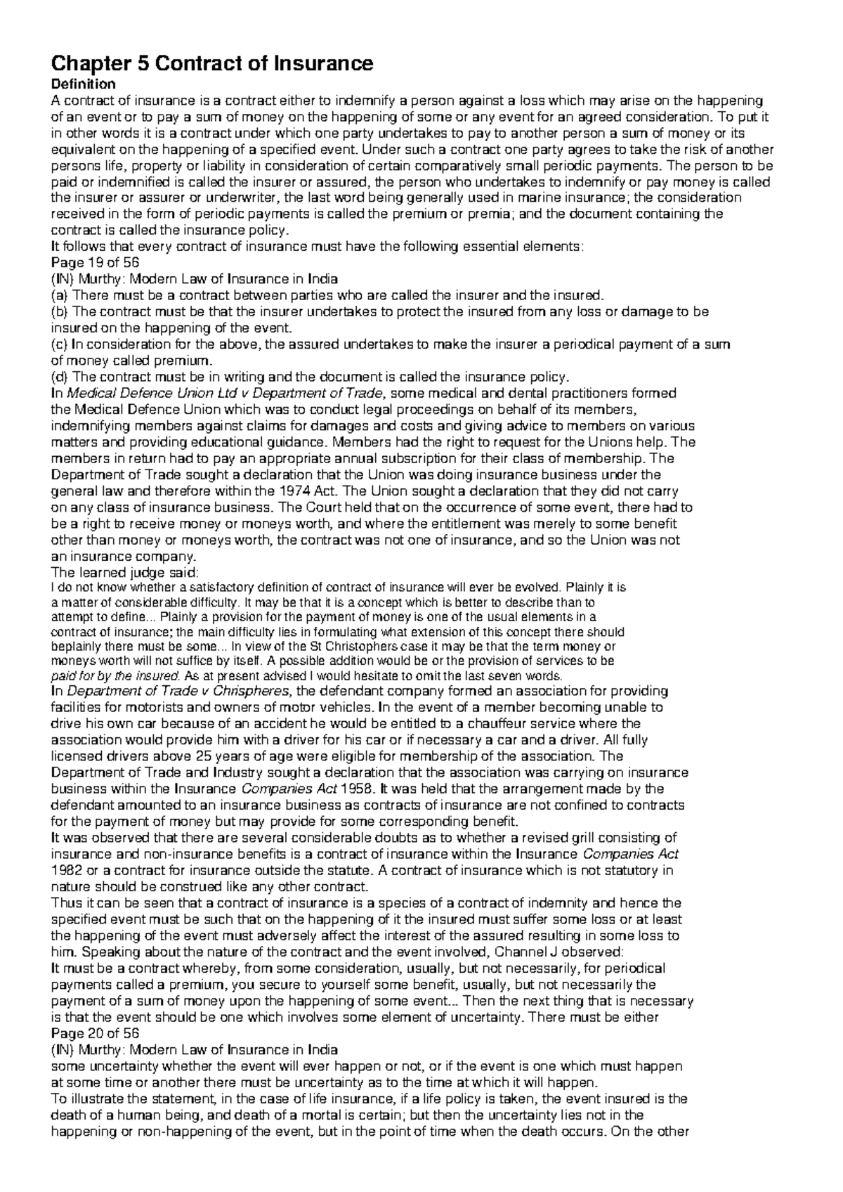 Chapter 5 Insurance - Comprehensive Study Notes on Contracts - Studocu