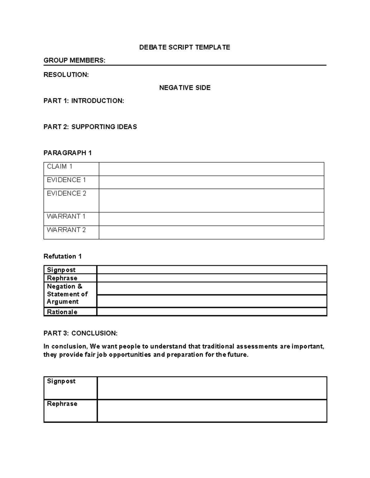 Resolution Number Negative SIDE - DEBATE SCRIPT TEMPLATE GROUP MEMBERS ...