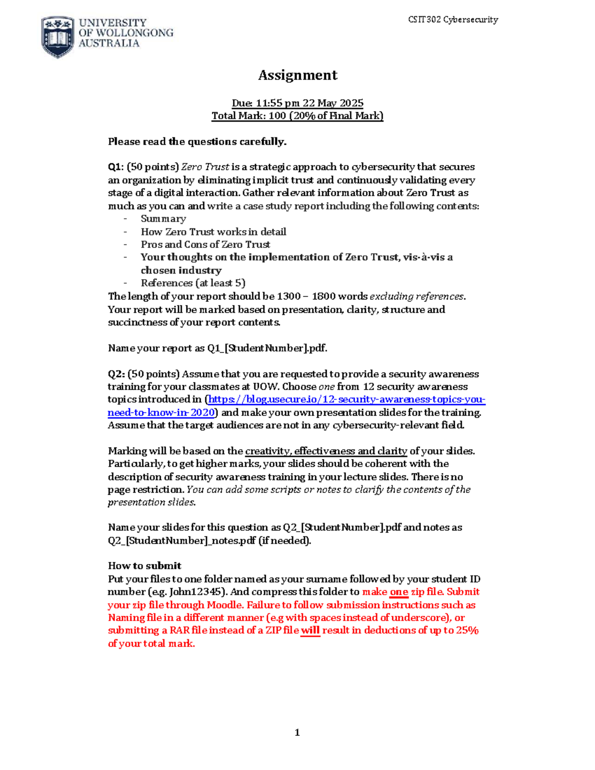 CSIT302 Cybersecurity Case Study & Training Assignment 2025 - Studocu