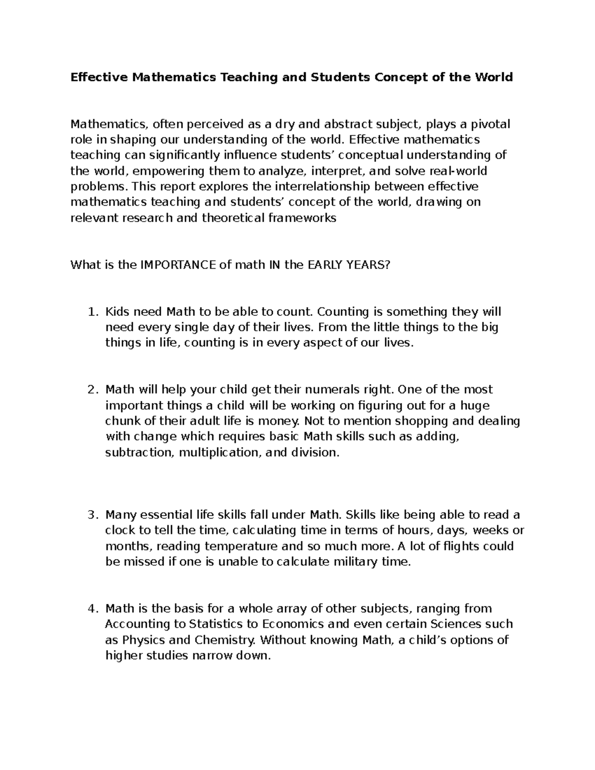 Report In-Math - Effective Math Teaching for Primary Grades - Studocu
