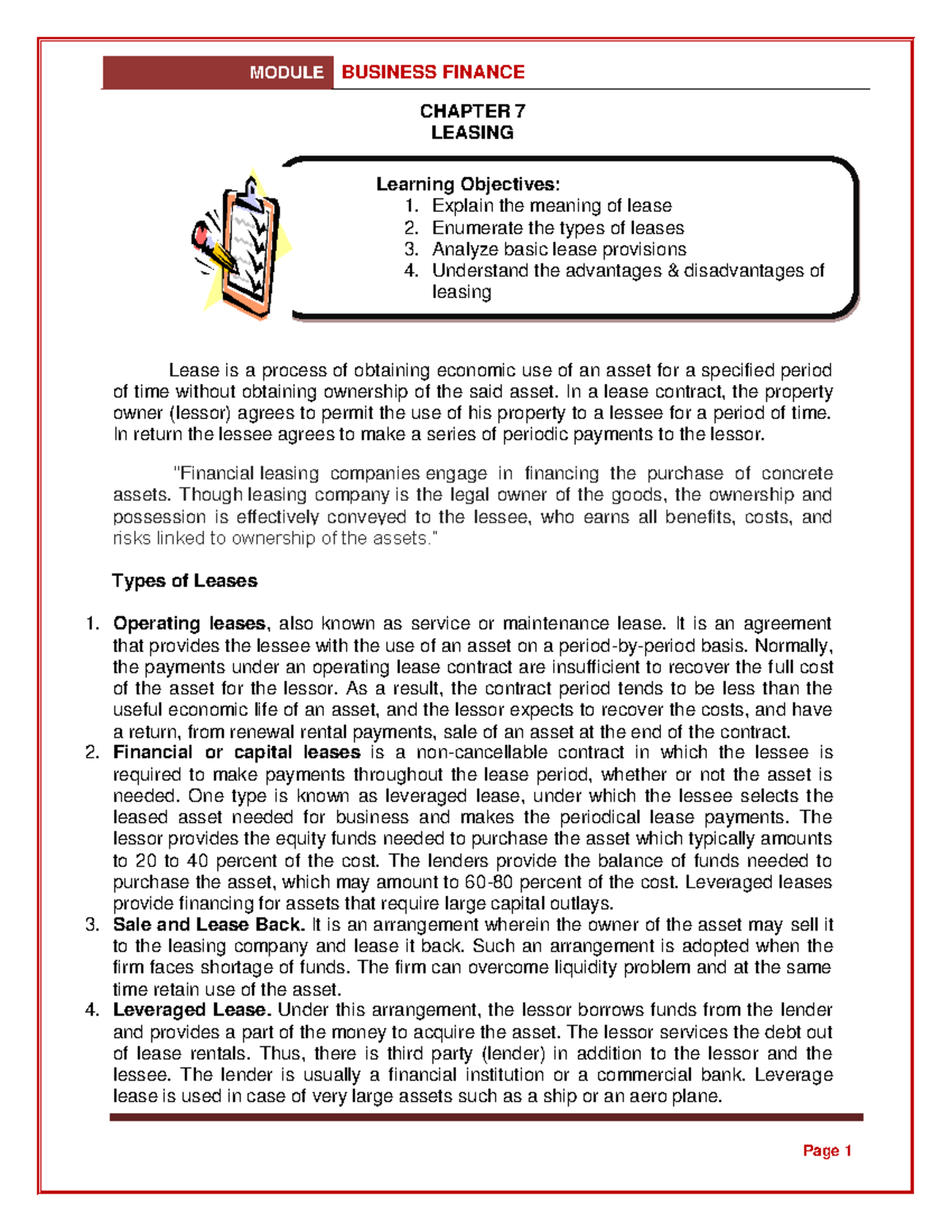 Chapter 7: Leasing - Business Finance Module Overview - Studocu