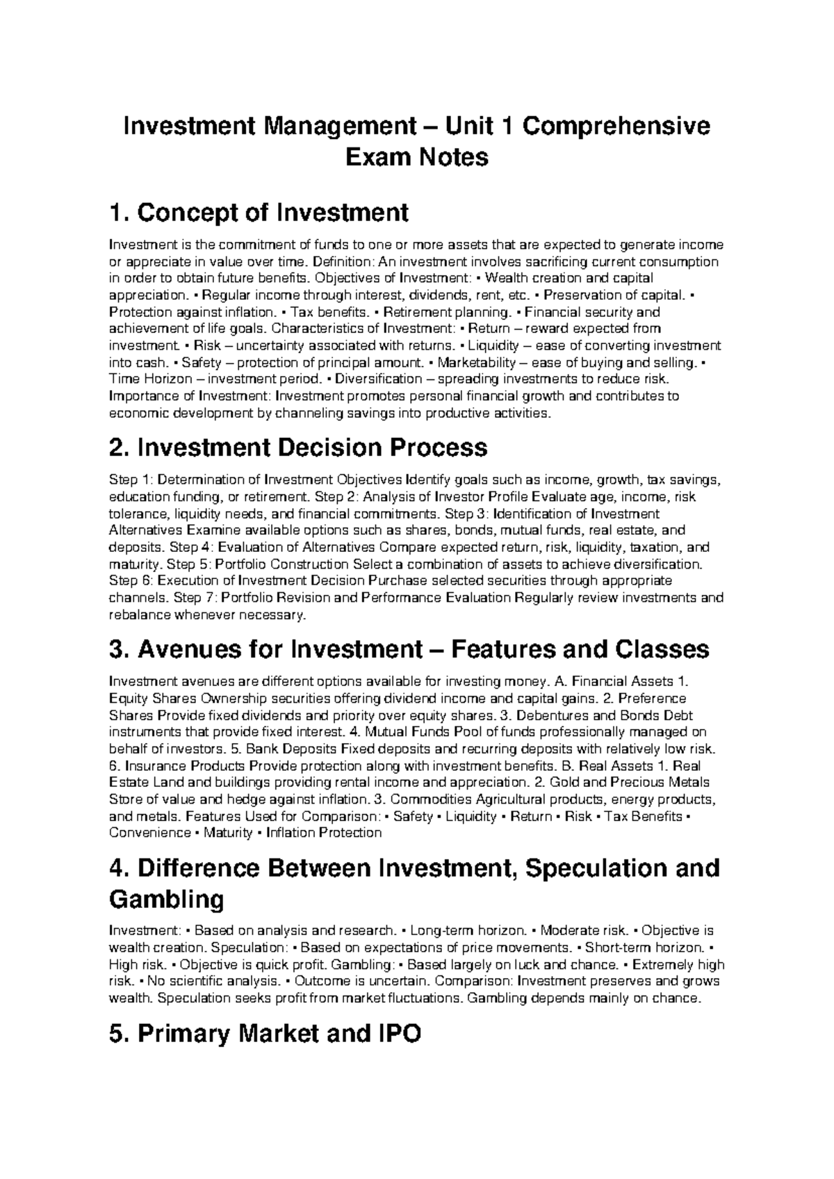 Investment Management Unit 1 Comprehensive Exam Notes - Studocu