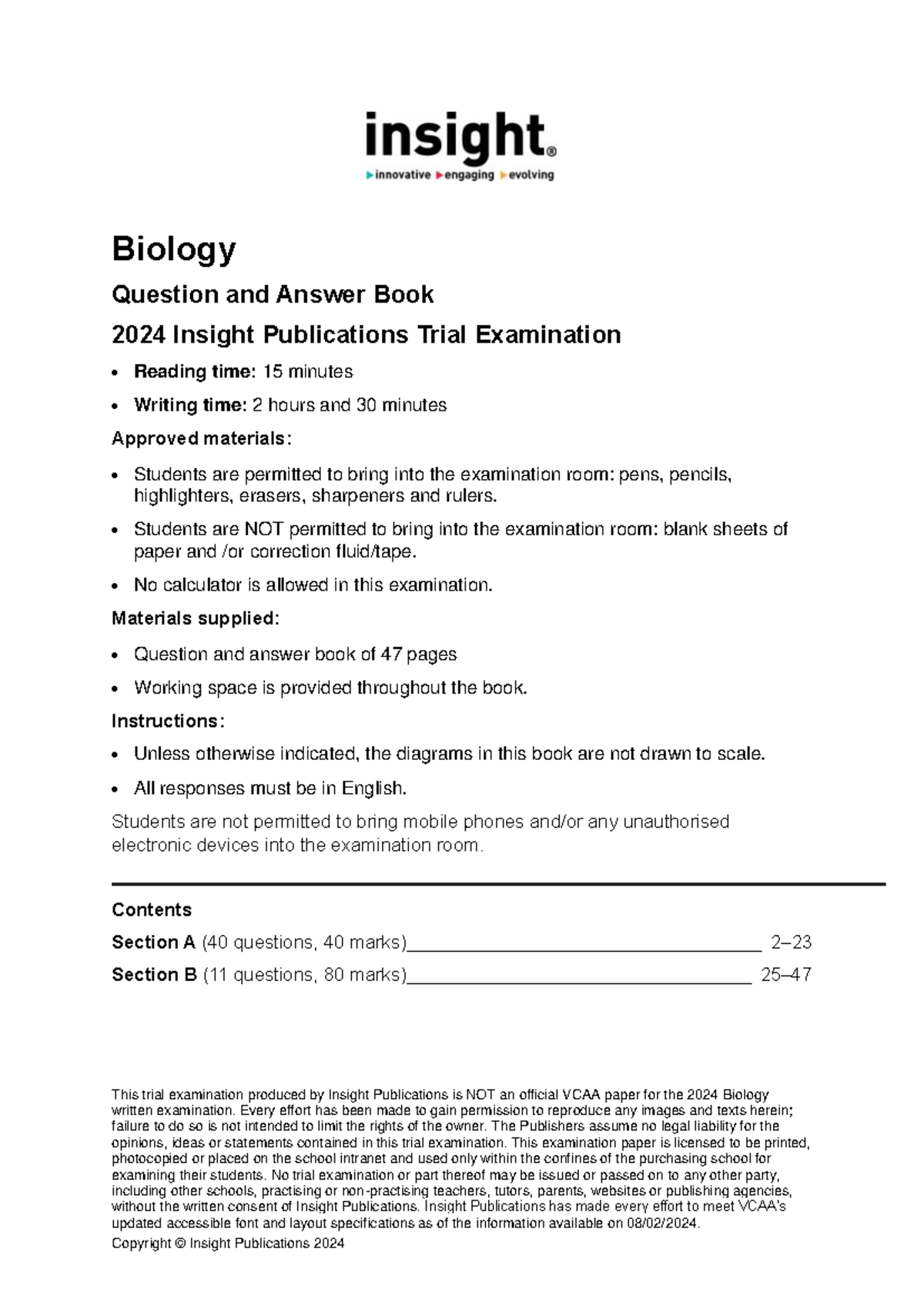 Insight Year 12 2024 Biology Trial Exam Q&A Guide - Studocu