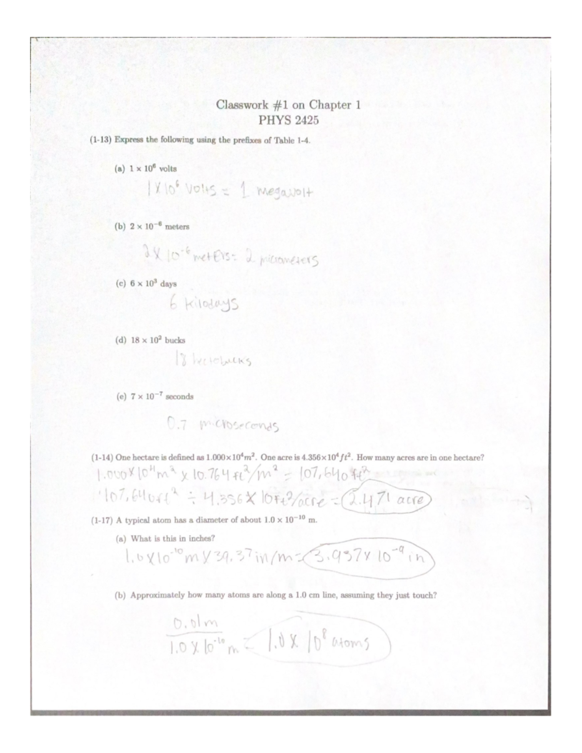 Classwork #1: Chapter 1 Physics Problems and Calculations (PHYS 2425 ...