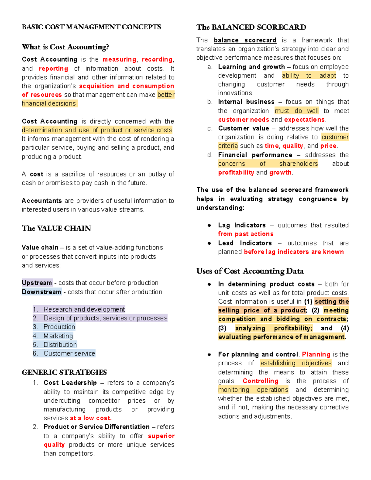 Cost Accounting Concepts: Key Principles and Applications - Studocu