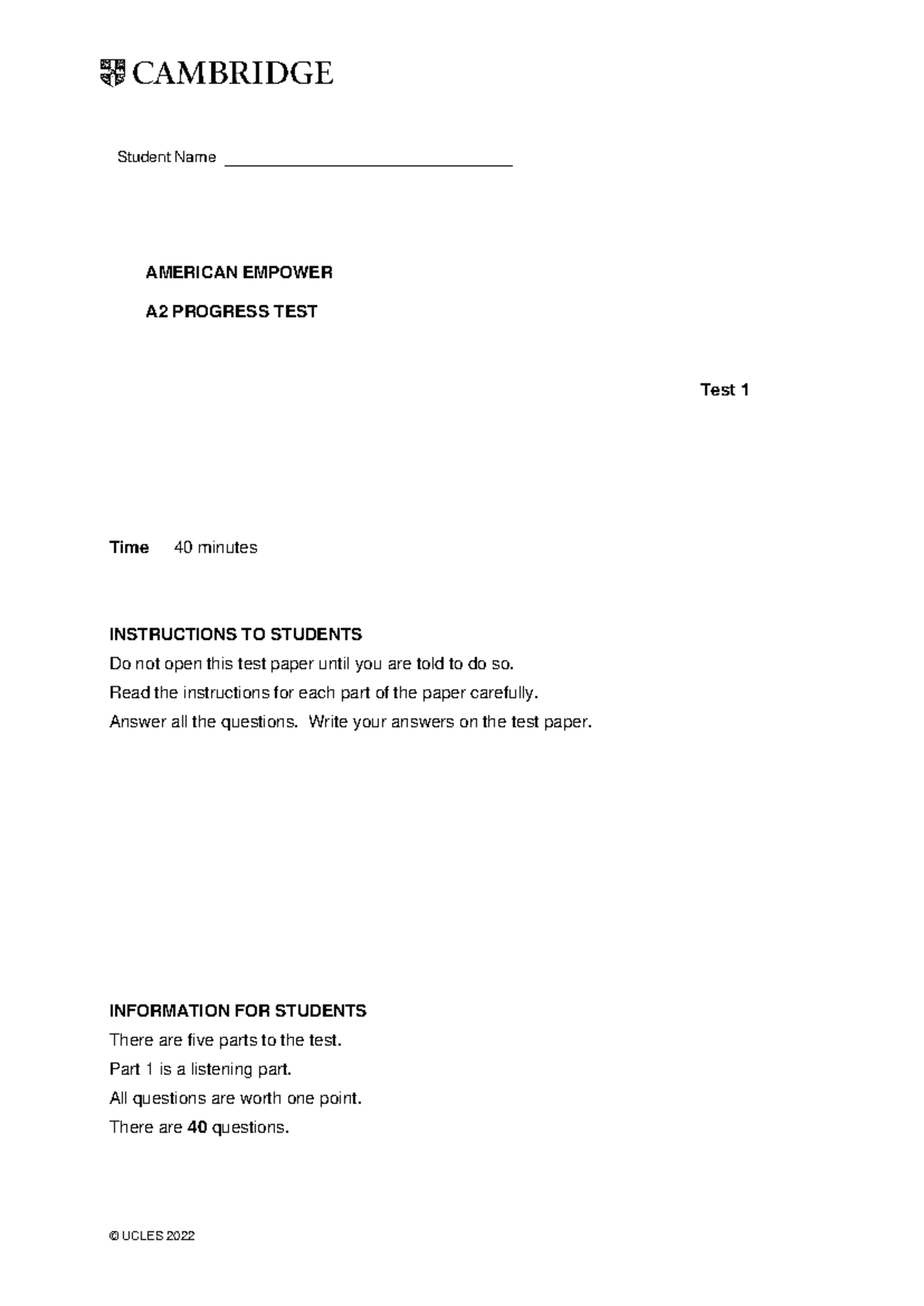 Unit Progress Test 1 - AMERICAN EMPOWER A2 - Studocu