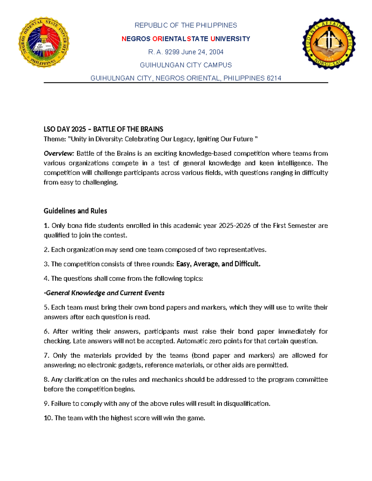 Battle of the Brains Guidelines & Mechanics - LSO DAY 2025 - Studocu