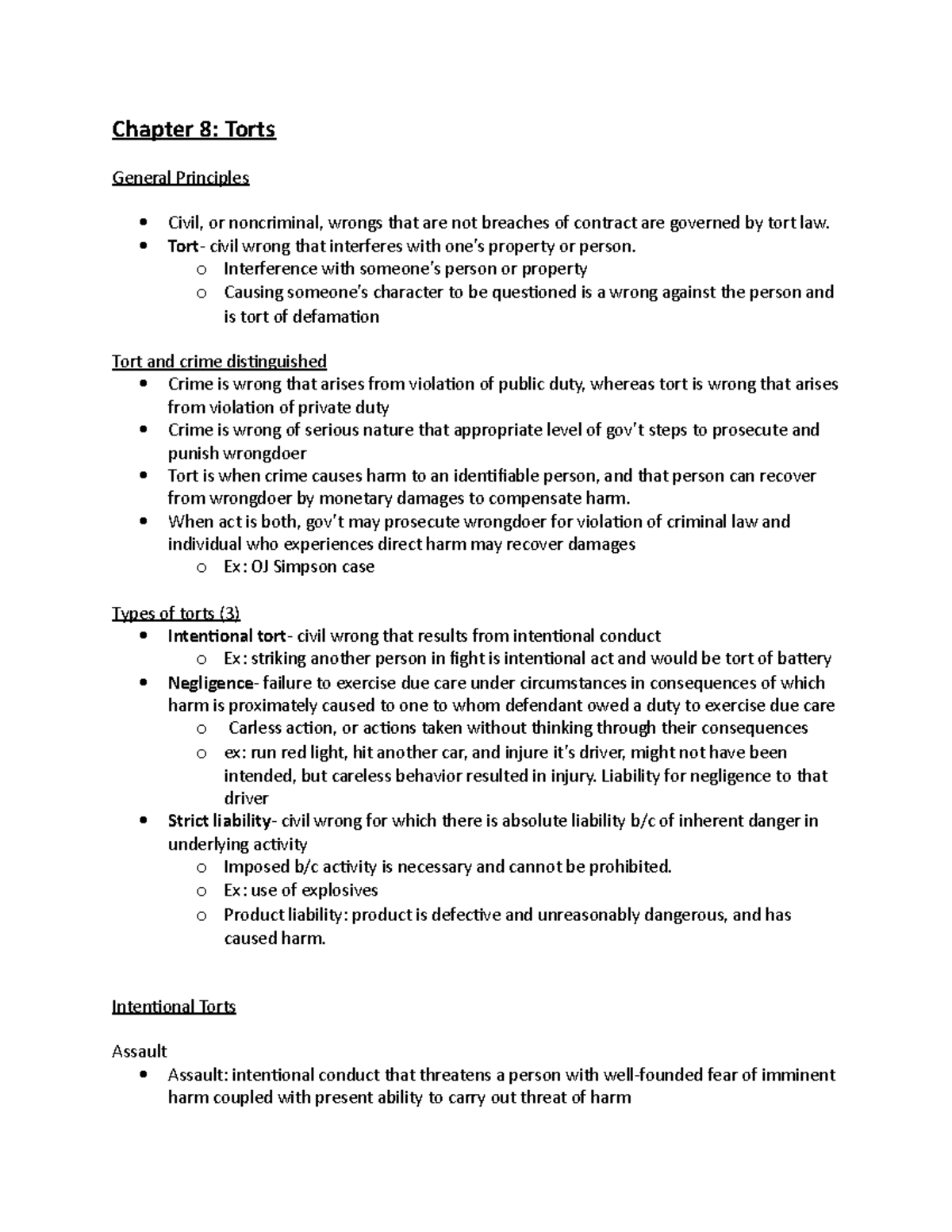 Law 101 - Chapter 8 Summary: Key Concepts in Tort Law and Negligence ...