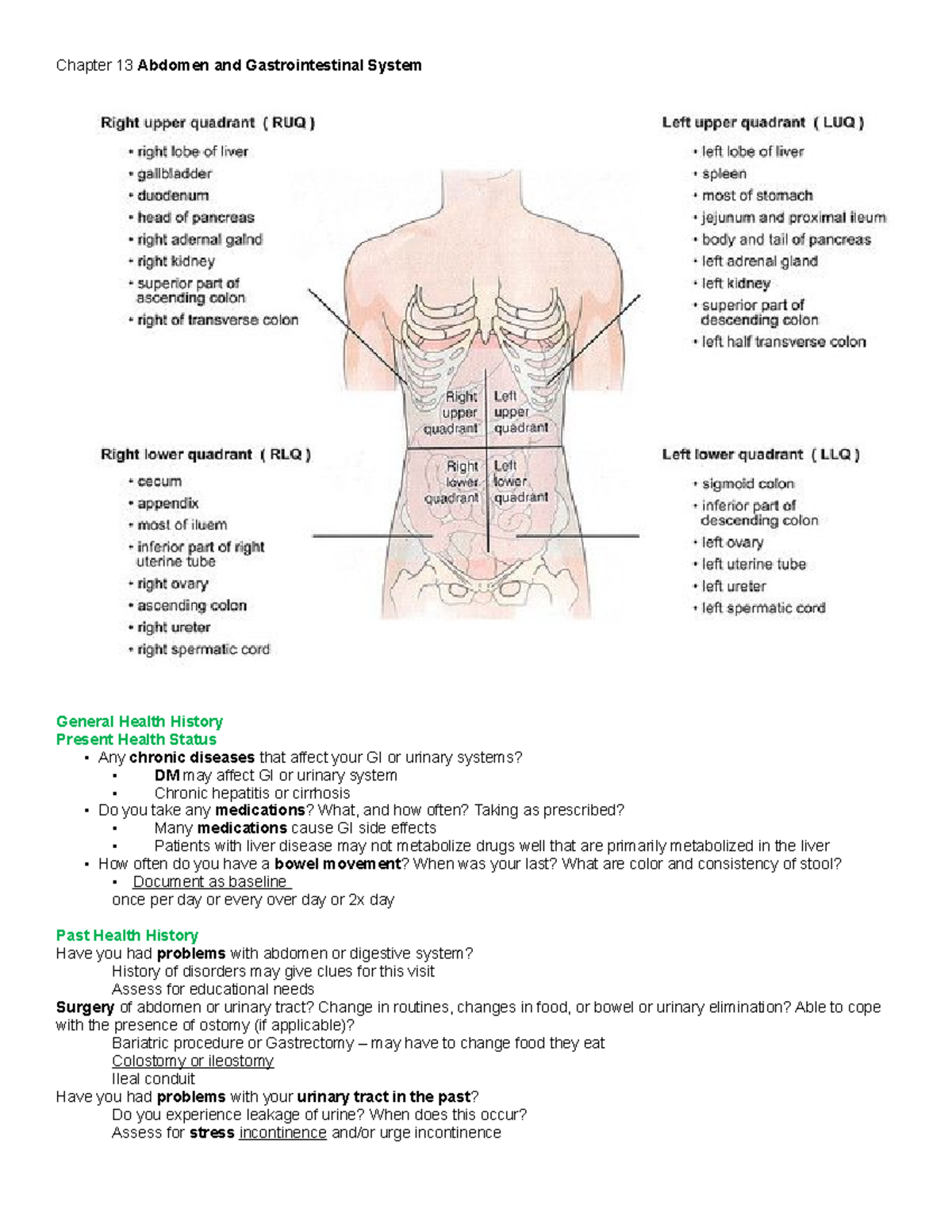 Chapter 13: Abdomen & GI System Outline for Health Assessment - Studocu