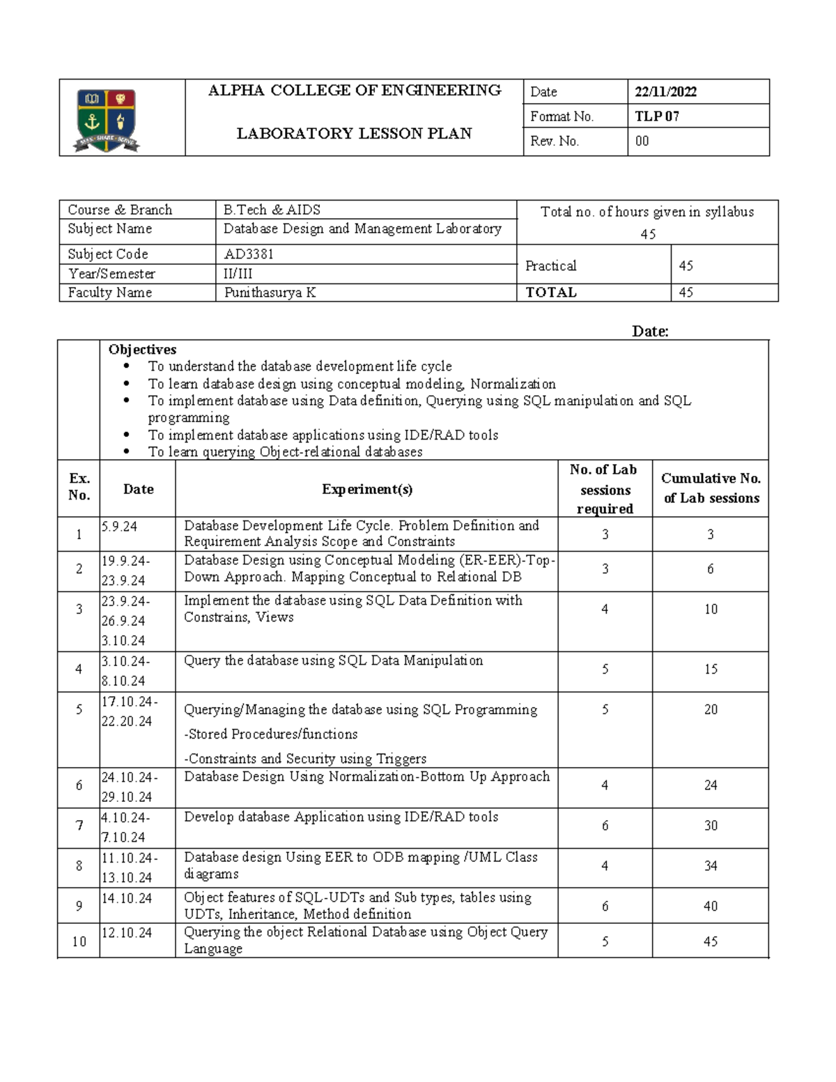 DBDM Lab Lesson Plan - doc - ALPHA COLLEGE OF ENGINEERING LABORATORY ...