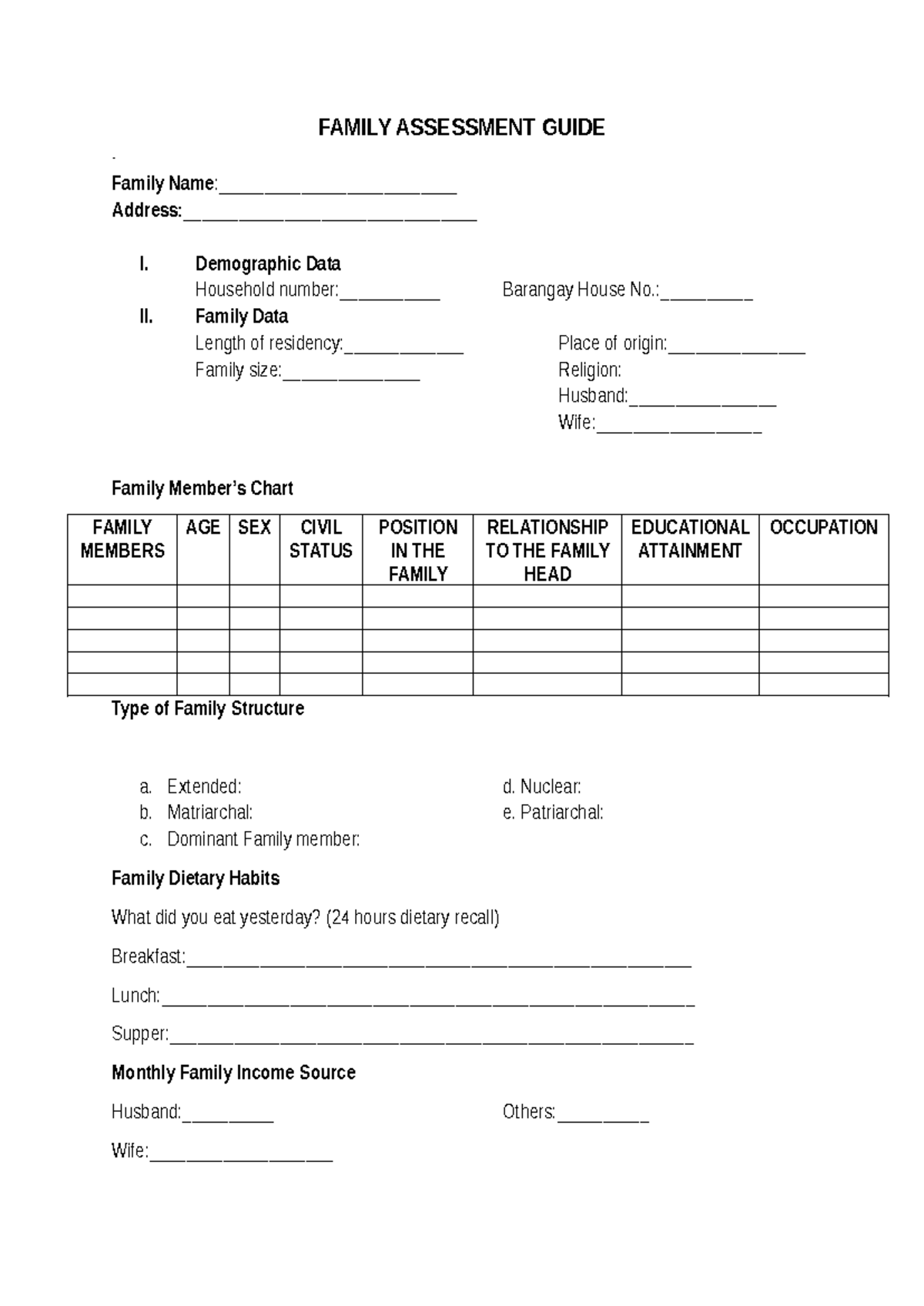 FAMILY ASSESSMENT GUIDE: Demographics, Health, and Needs Analysis - Studocu