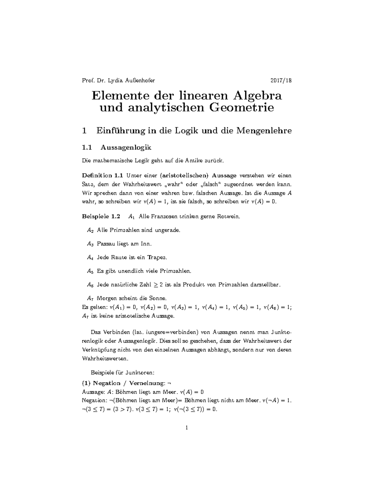 Einführung in die Logik und Mengenlehre: Linear Algebra & Geometrie ...
